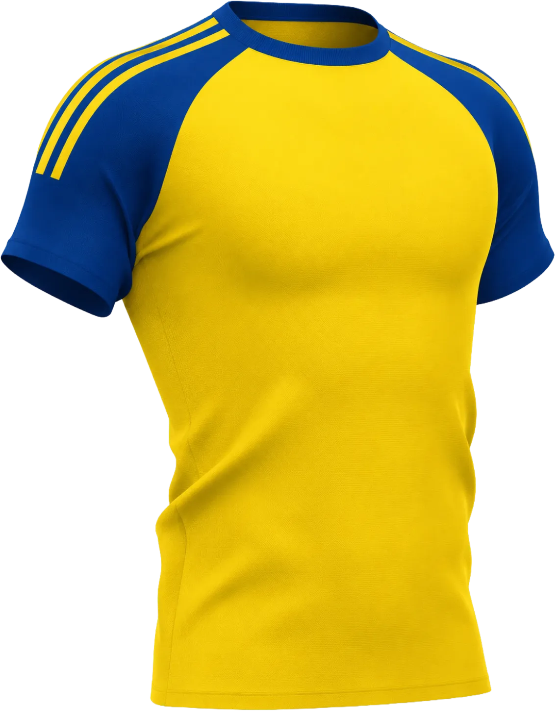 Gele sportshirt met blauwe mouwen en strepen