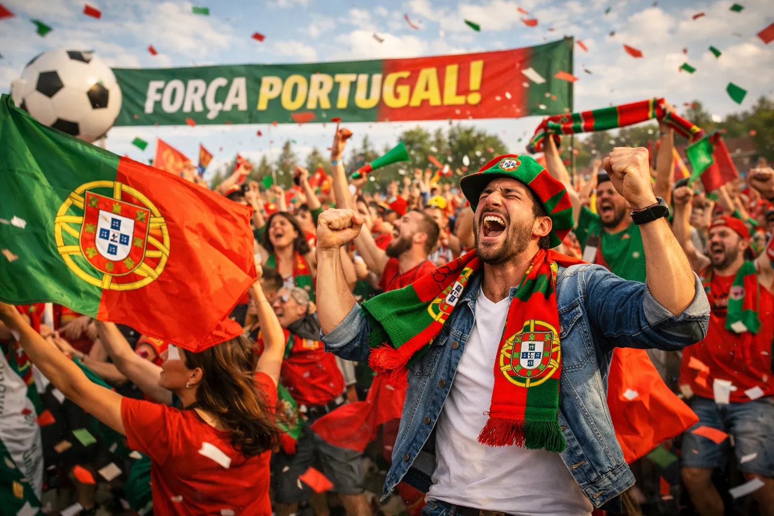 Vrolijke fans vieren tijdens een voetbalwedstrijd met Portugese vlaggen en sjaals