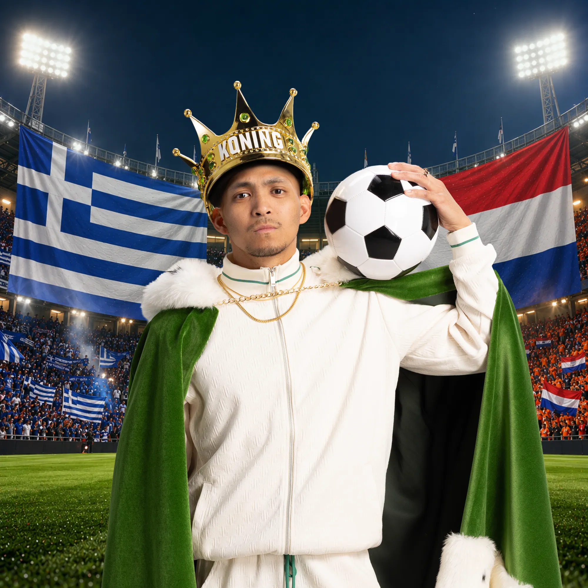Voetbalspeler met kroon en groene cape houdt voetbal vast in stadion met Griekse en Nederlandse vlaggen