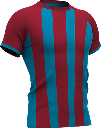 Voetbalshirt in bordeauxrood met lichtblauwe verticale strepen, geïnspireerd op het thuisshirt van Trabzonspor