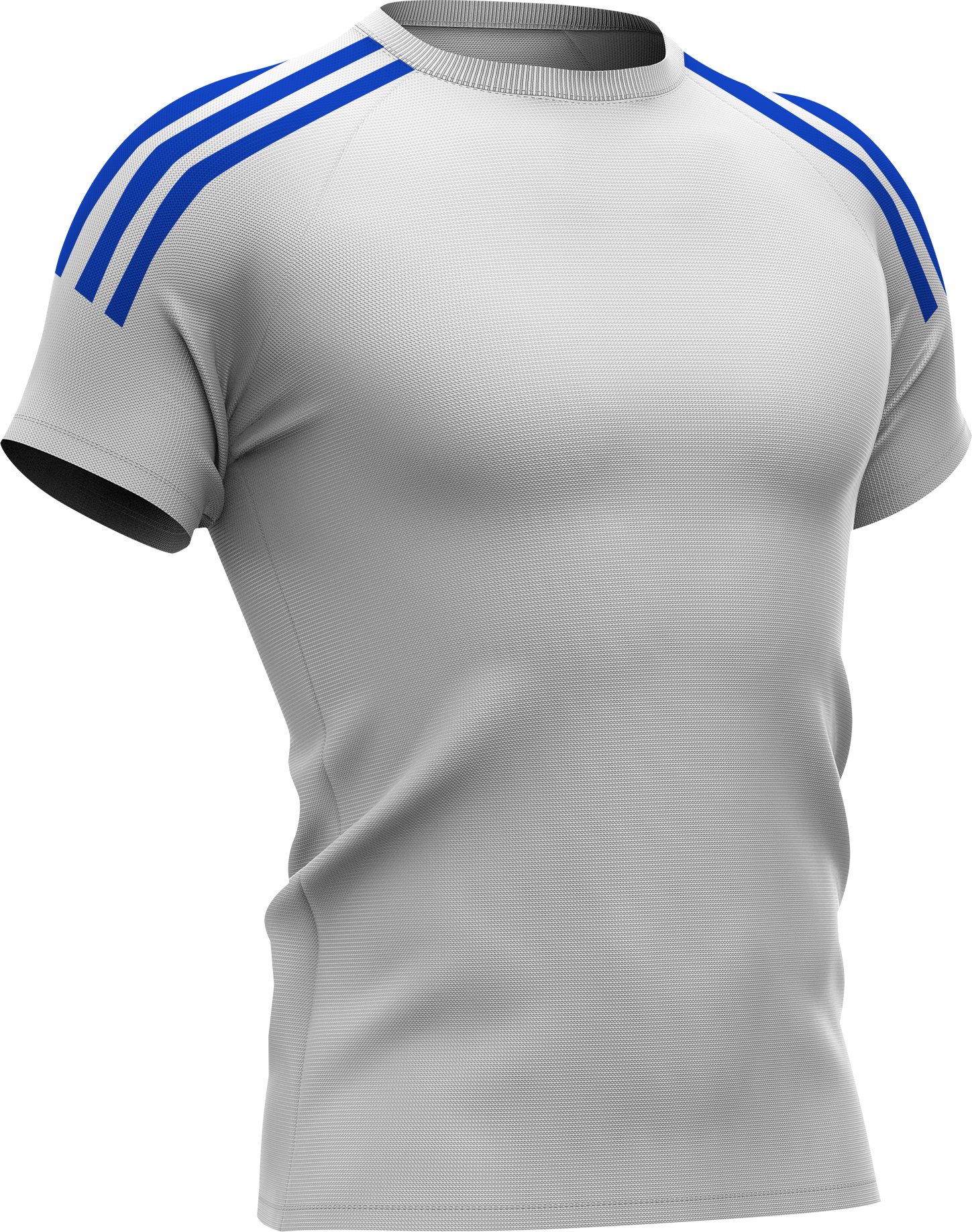 Wit sportshirt met blauwe strepen op de schouders.