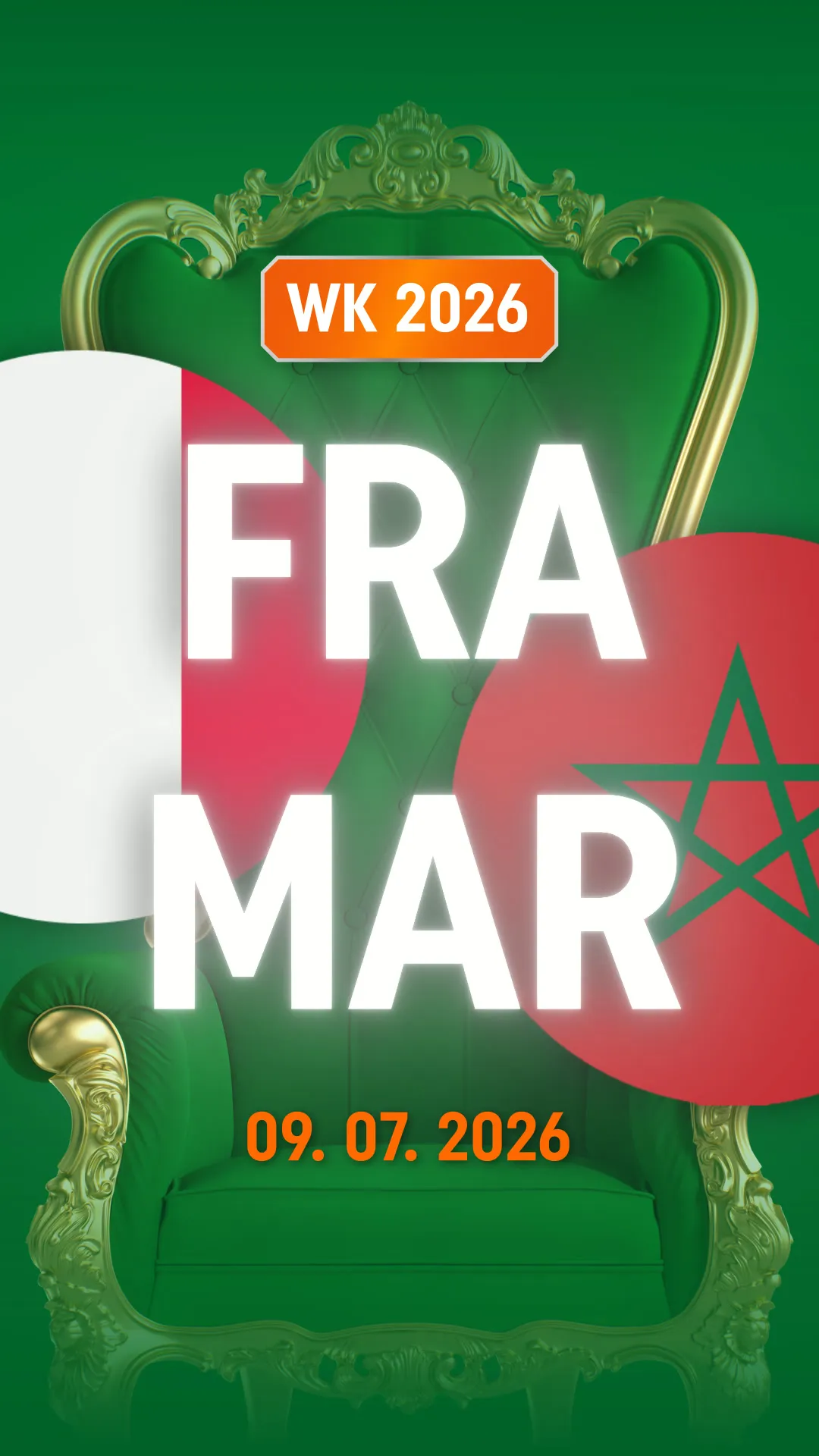 WK 2026 wedstrijd Frankrijk tegen Marokko op 9 juli 2026 met groene troon