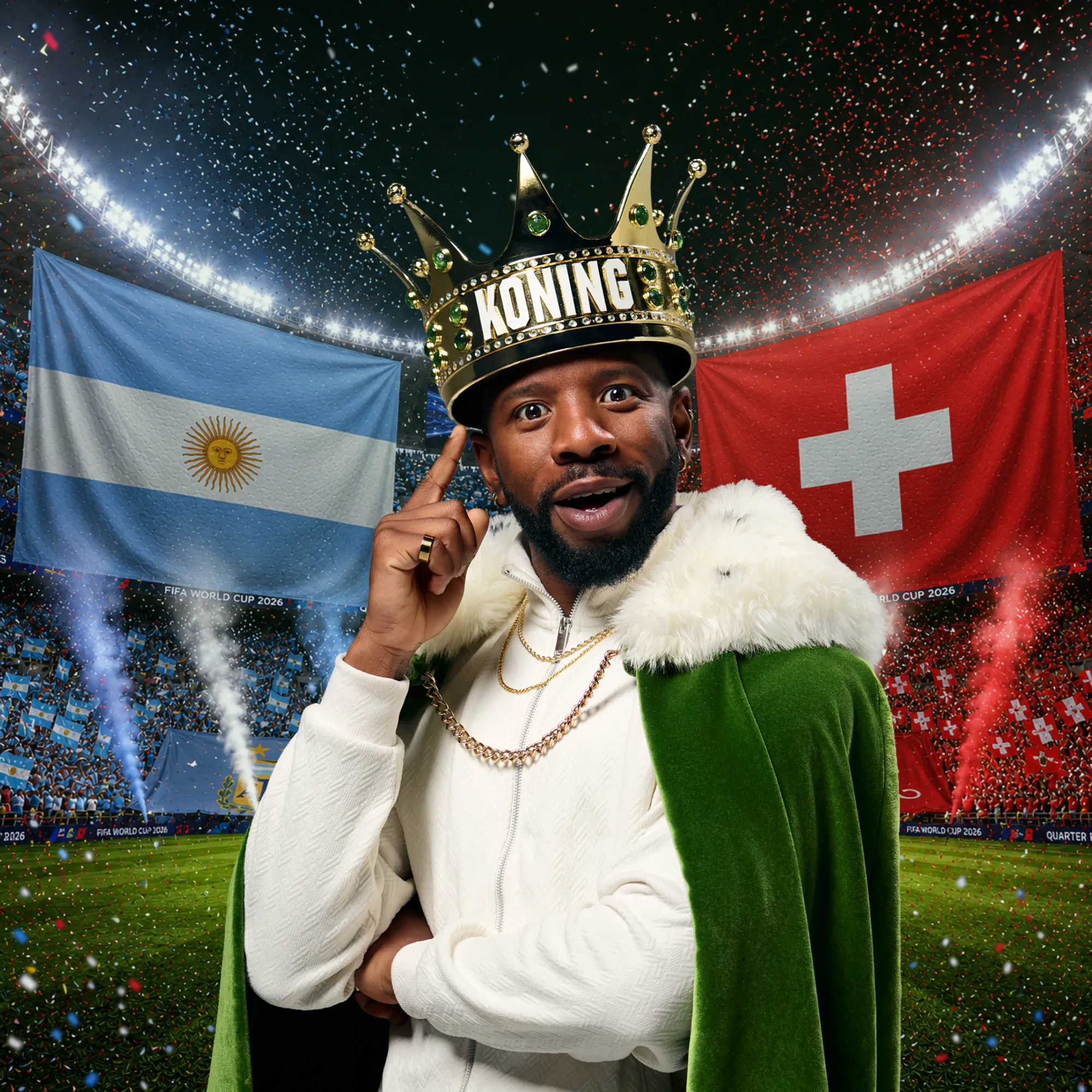 Man met kroon waarop KONING staat, omringd door Argentinië en Zwitserland vlaggen in een stadion