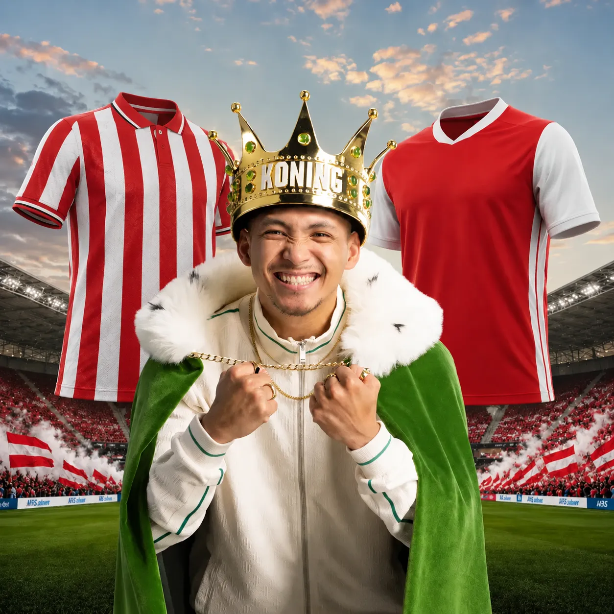 Man met gouden kroon Koning en groene mantel tussen voetbalshirts in stadion