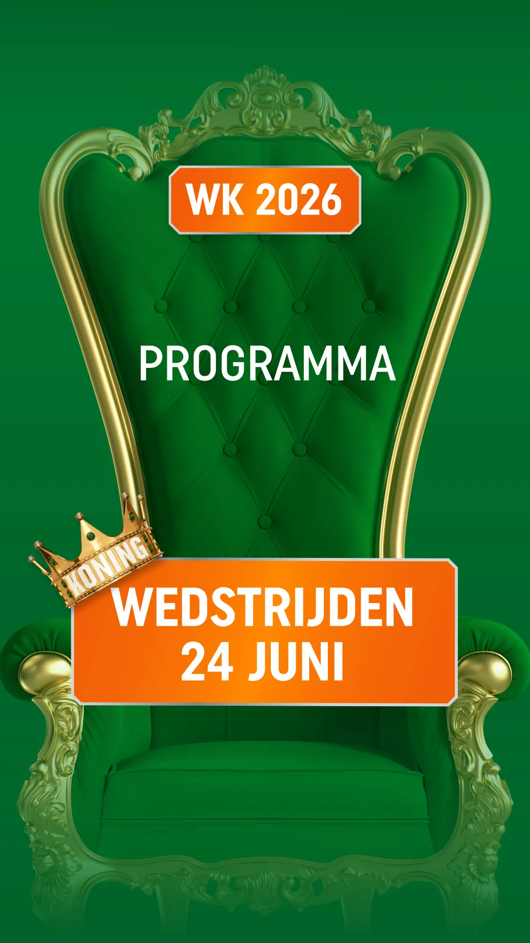 Groene koninklijke stoel met WK 2026 programma en wedstrijden 24 juni