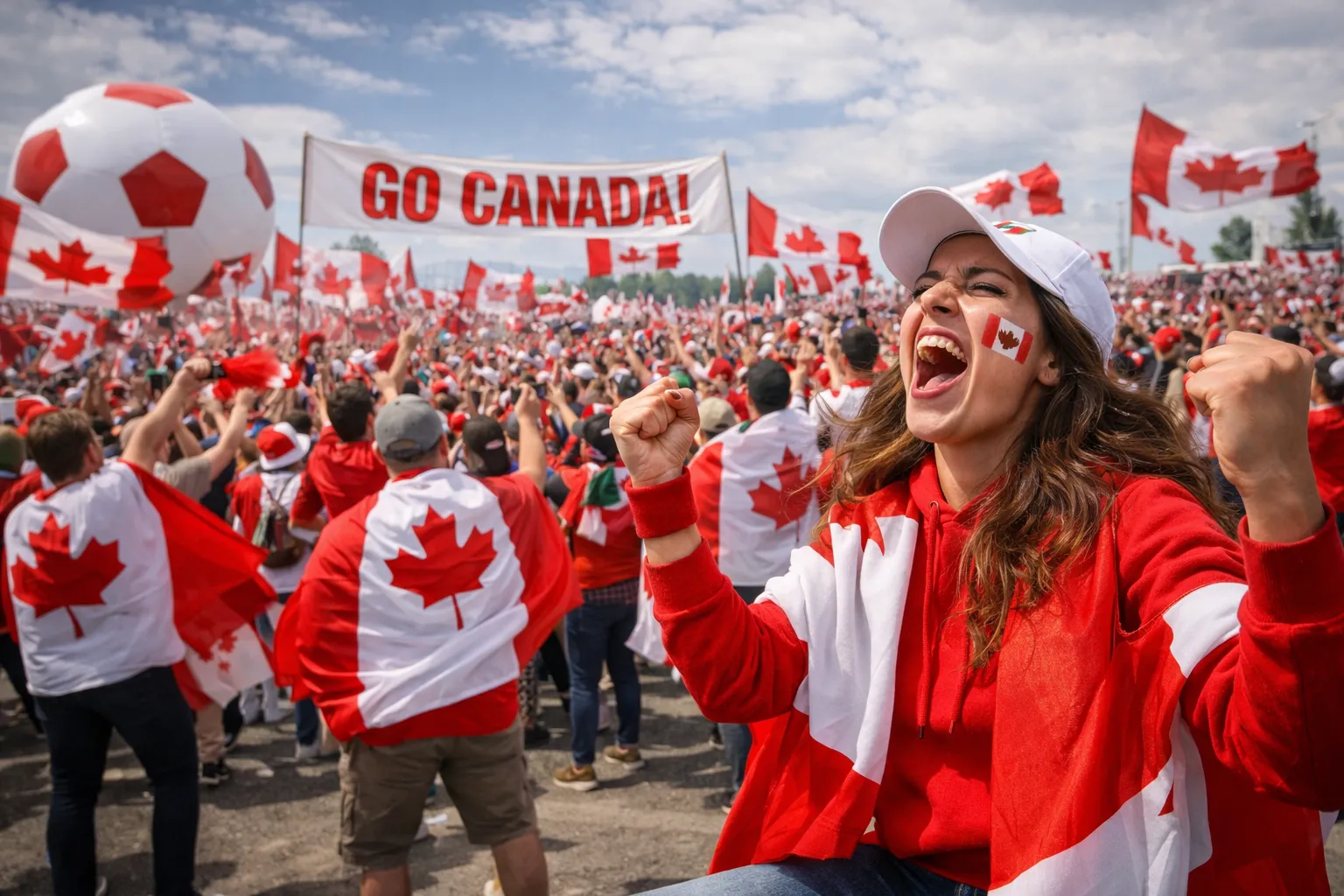 Luidruchtige fans vieren Canadees voetbalteam met vlaggen en spandoek Go Canada