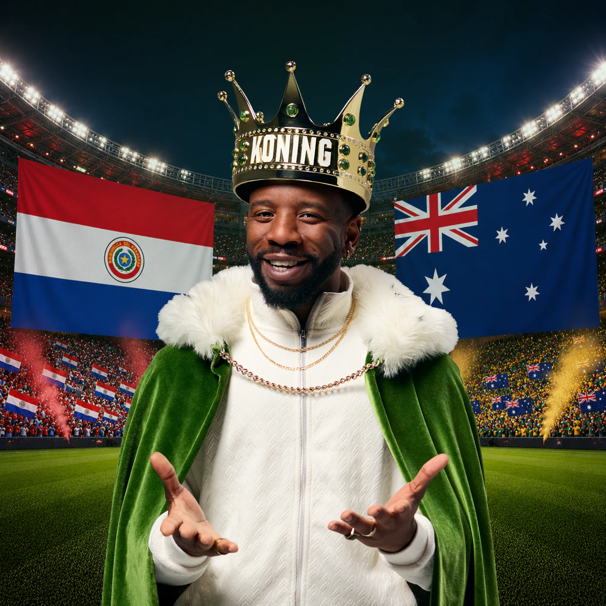 Mannelijke koning in groen gewaad en kroon met tekst KONING in stadion met vlaggen van Paraguay en Australië