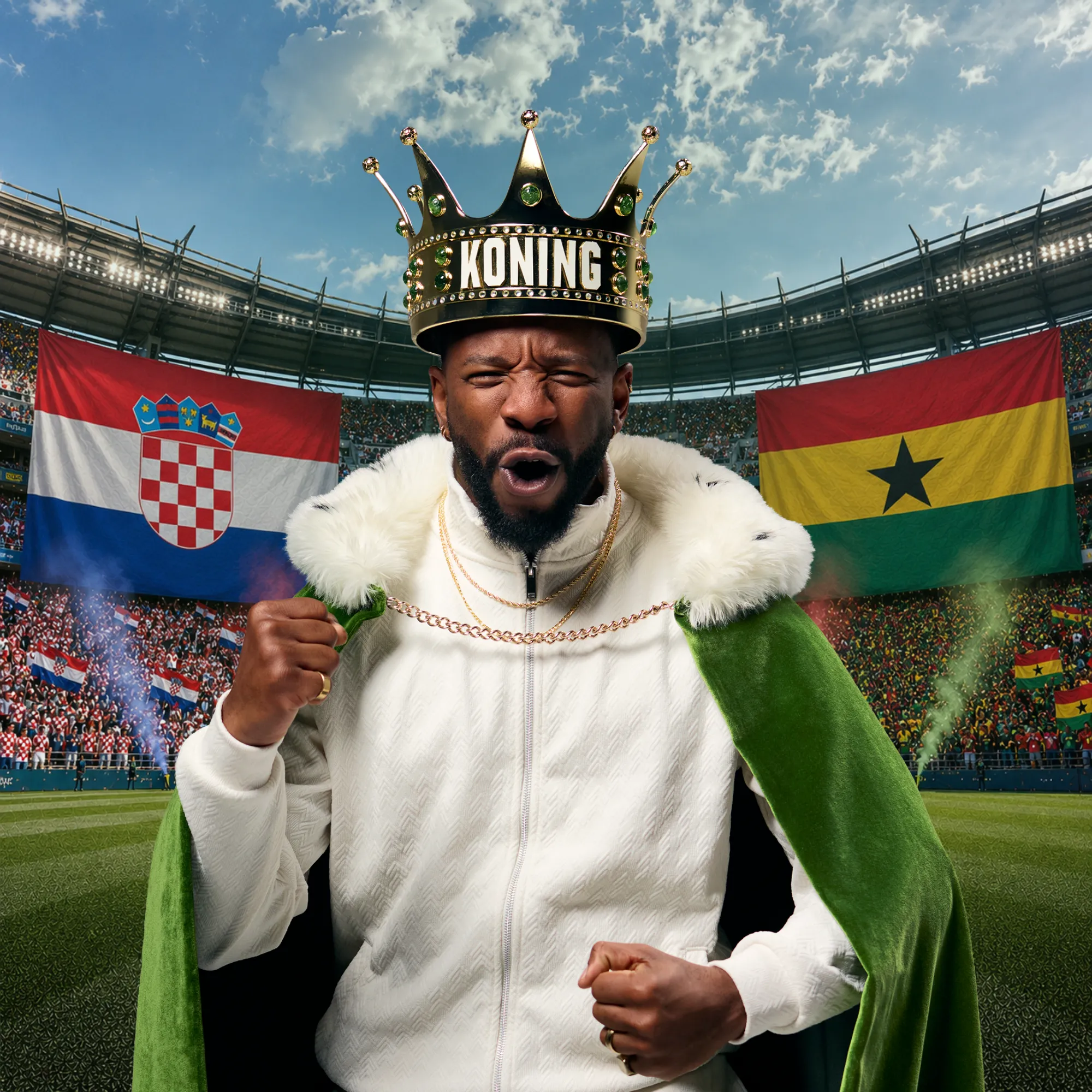 Man met groene koningsmantel en kroon met tekst KONING op voetbalveld met vlaggen