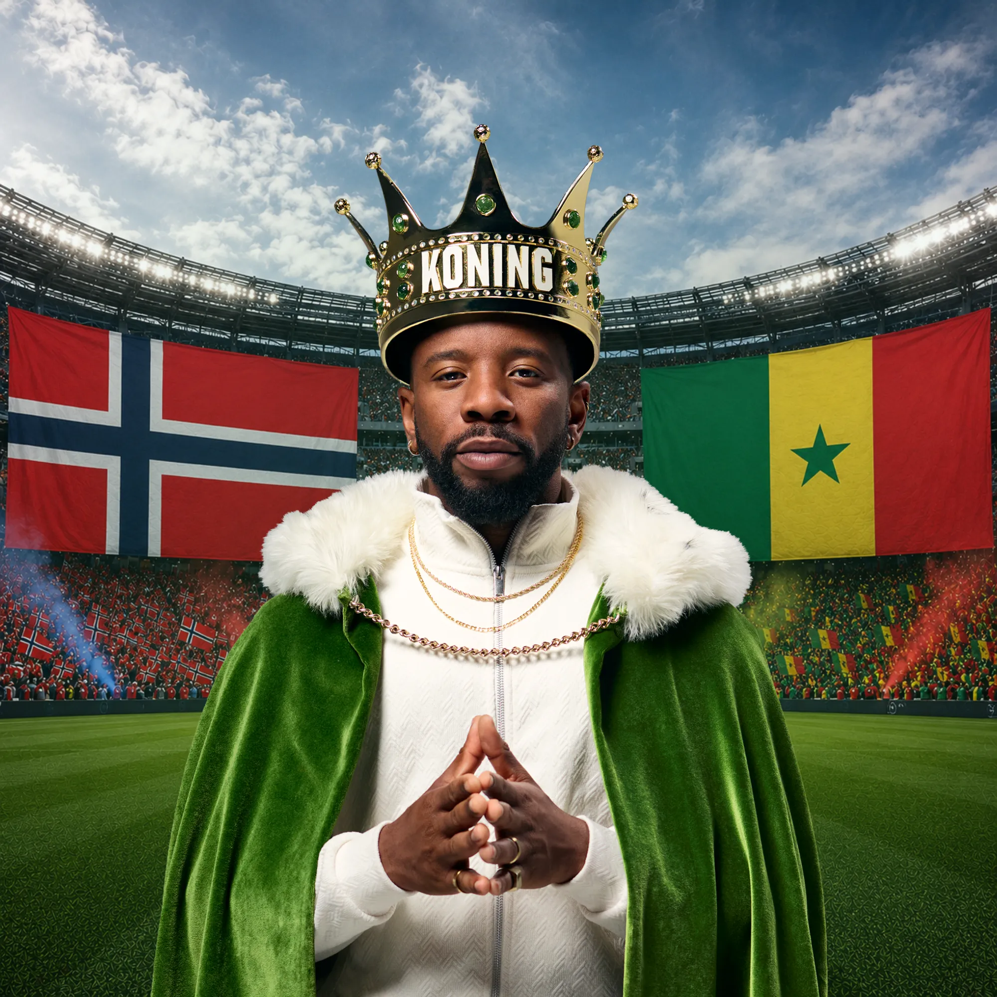 Koning met kroon en groene mantel op een voetbalveld tussen vlaggen van Noorwegen en Senegal