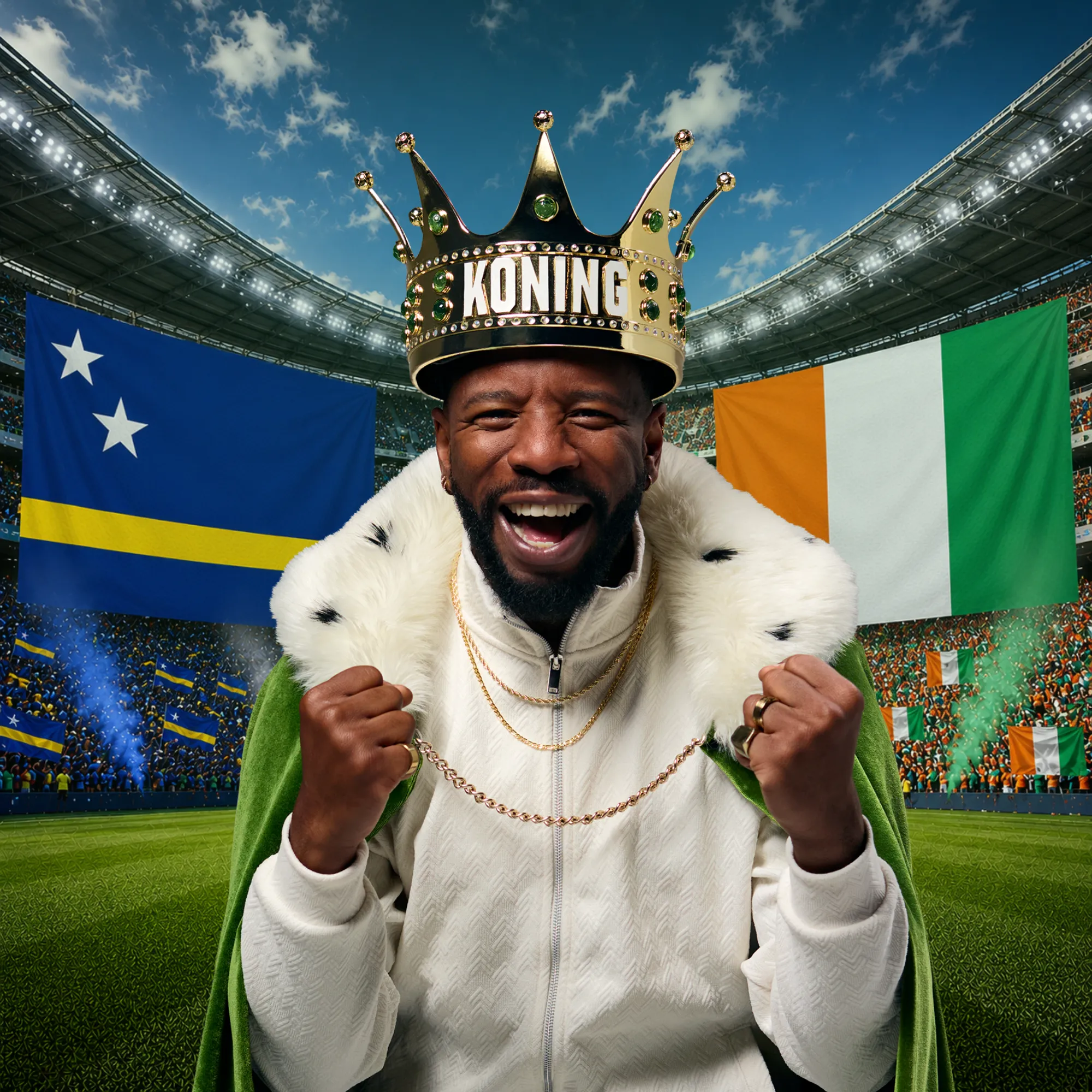 Persoon met kroon met tekst KONING en koningsmantel op voetbalstadion met vlaggen