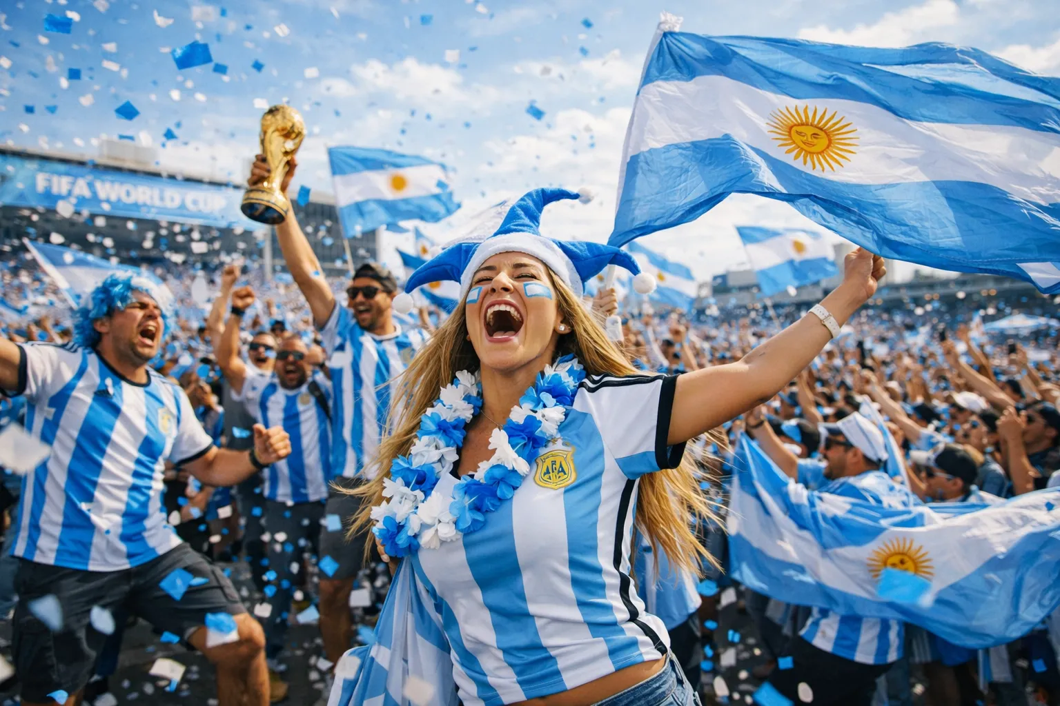 Feestende fans in Argentinië tenue met vlag en WK-fiets