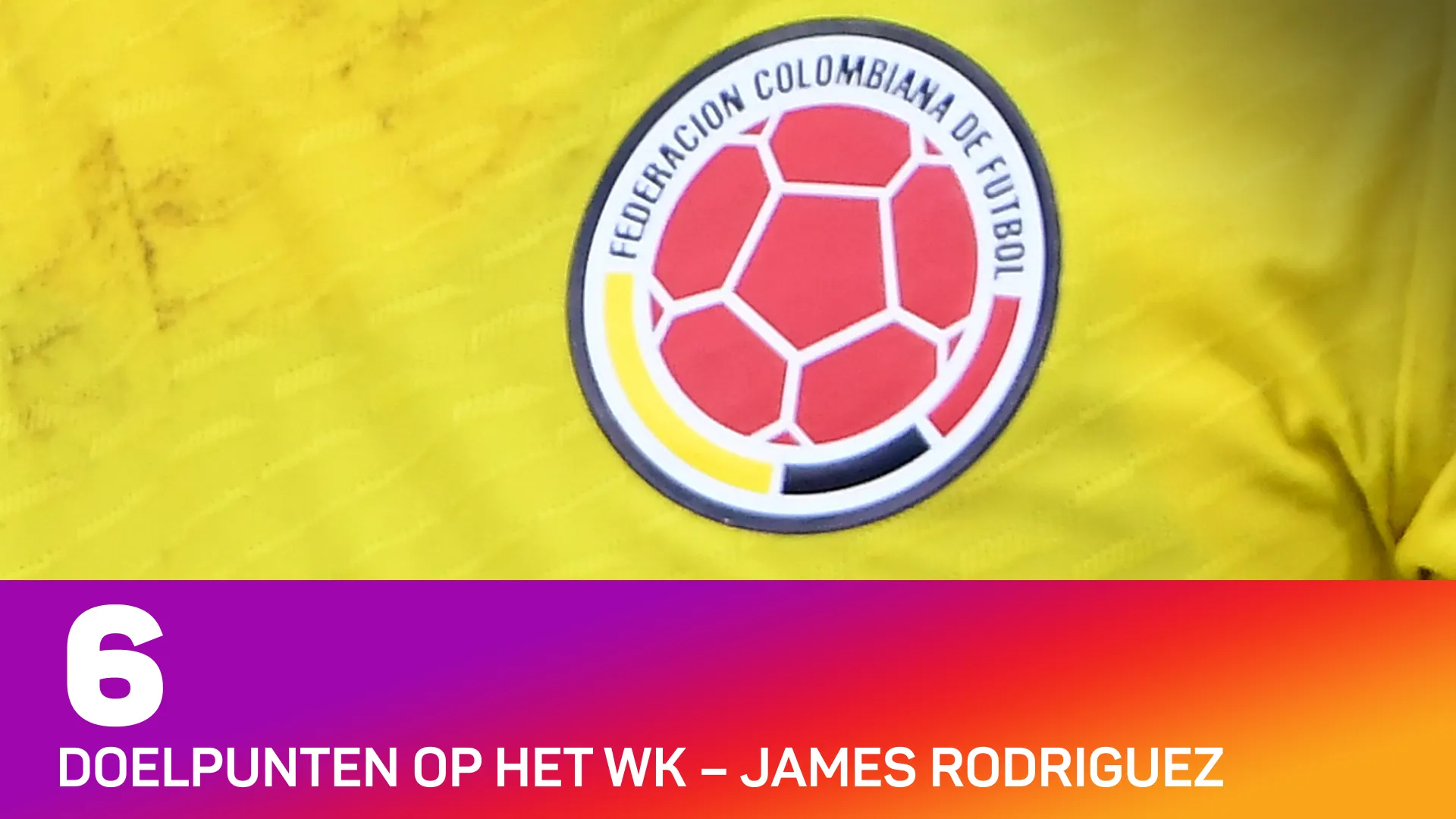Embleem van Colombia op geel voetbalshirt en tekst over James Rodriguez met 6 doelpunten op het WK