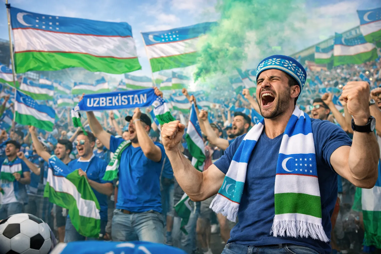 Bezoekers met Uzbekistan vlaggen en sjaals juichen tijdens een voetbalwedstrijd