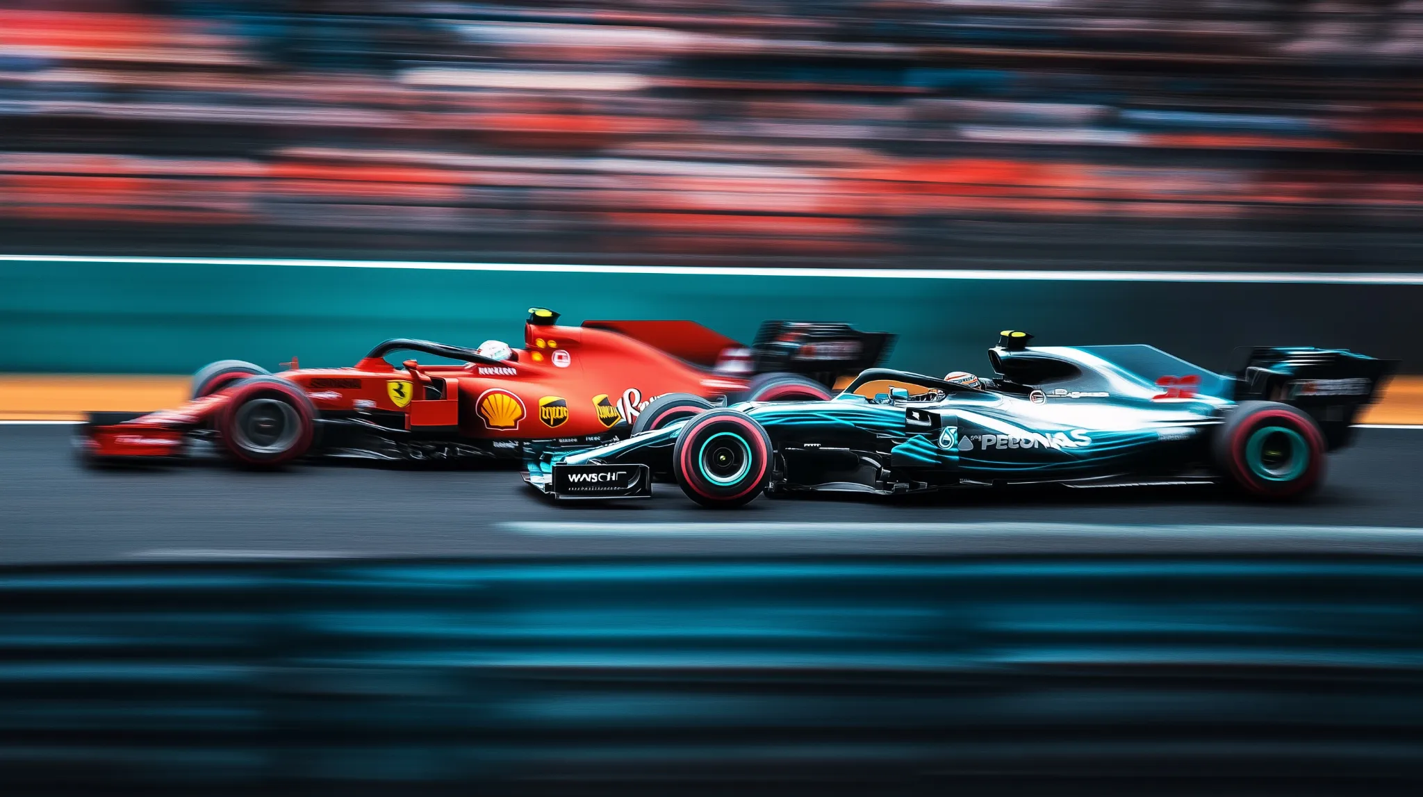 Twee Formule 1-auto’s racen zij aan zij in een snelle sprint race