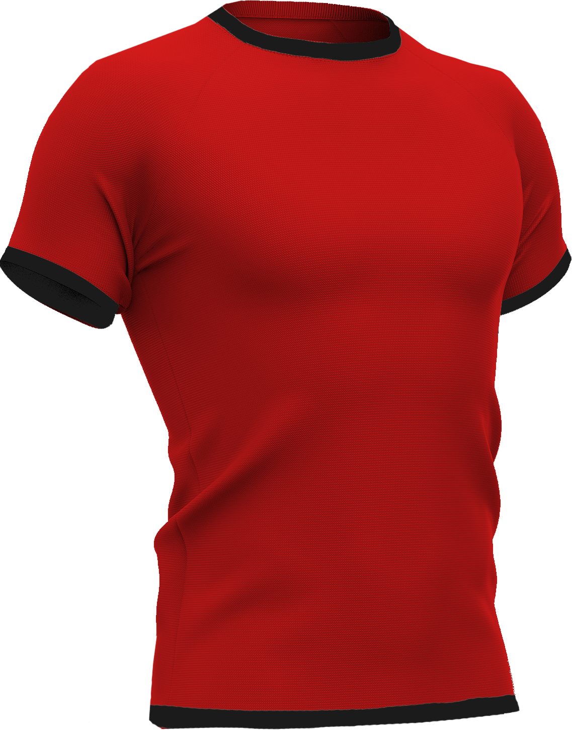 Rood voetbalshirt met zwarte accenten aan mouwen, kraag en onderzijde, geïnspireerd op Urawa Red Diamonds