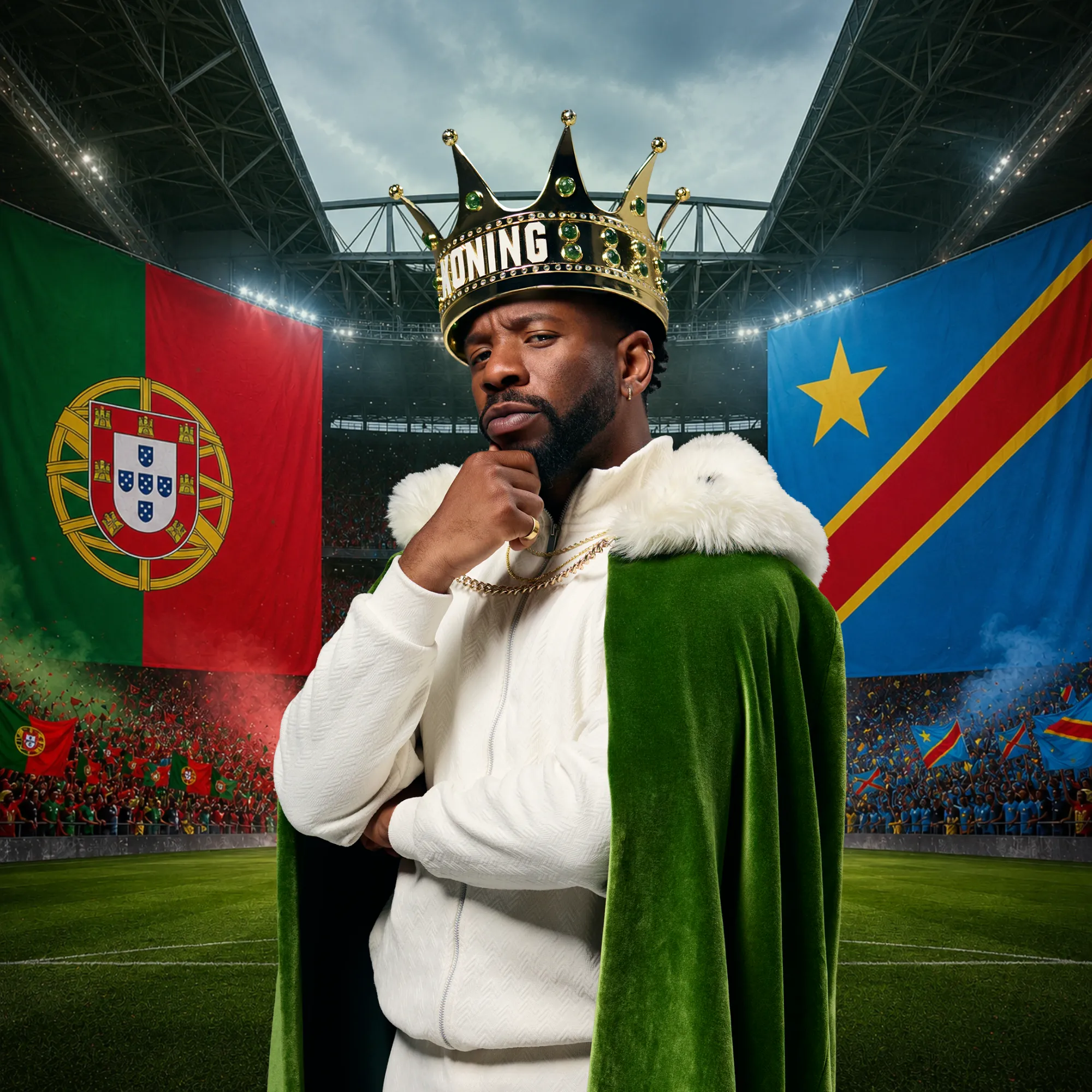Man met kroon en groene mantel op voetbalveld met vlaggen van Portugal en Congo op de achtergrond