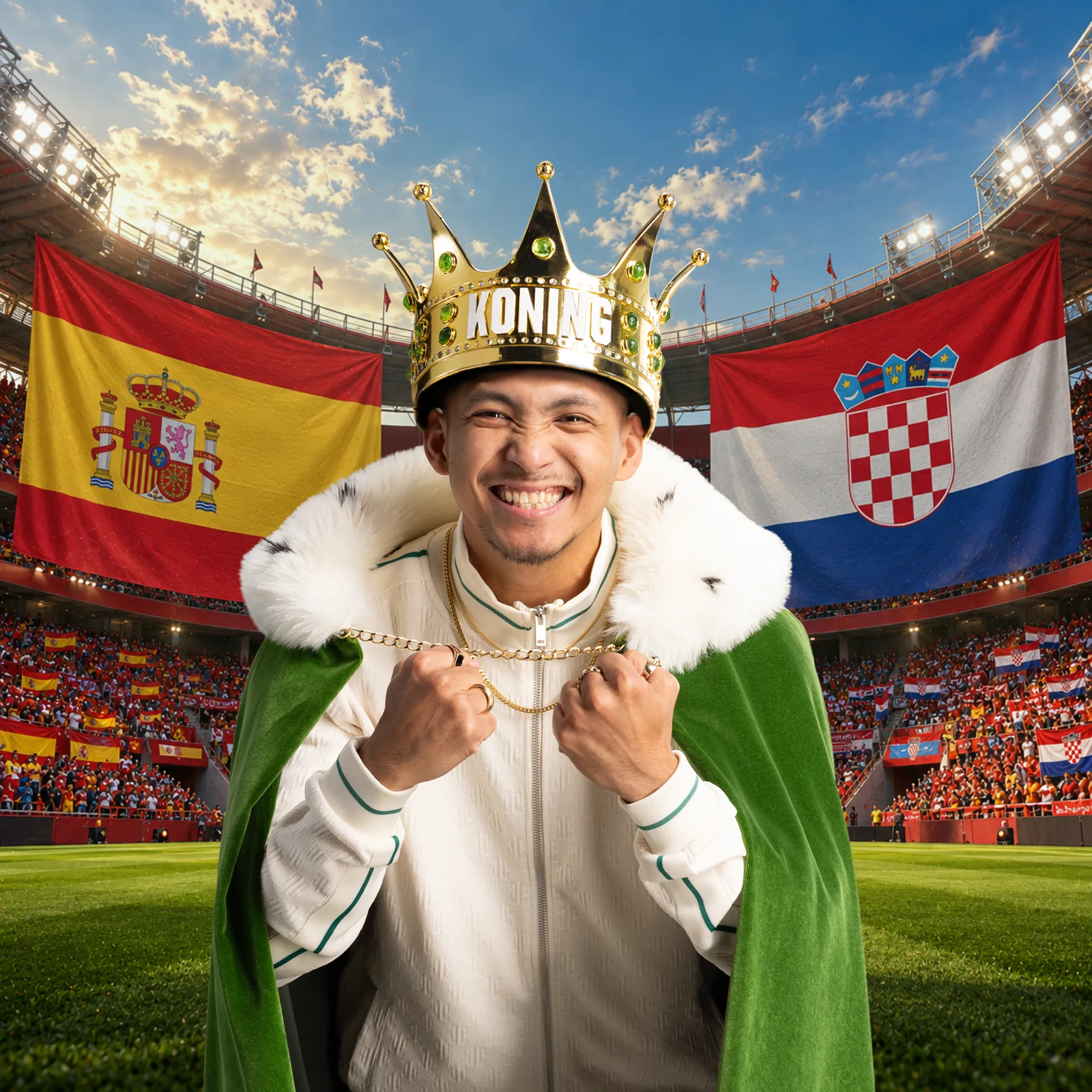 Vrolijke man met kroon 'KONING' en groene mantel in stadion met Spaanse en Kroatische vlaggen