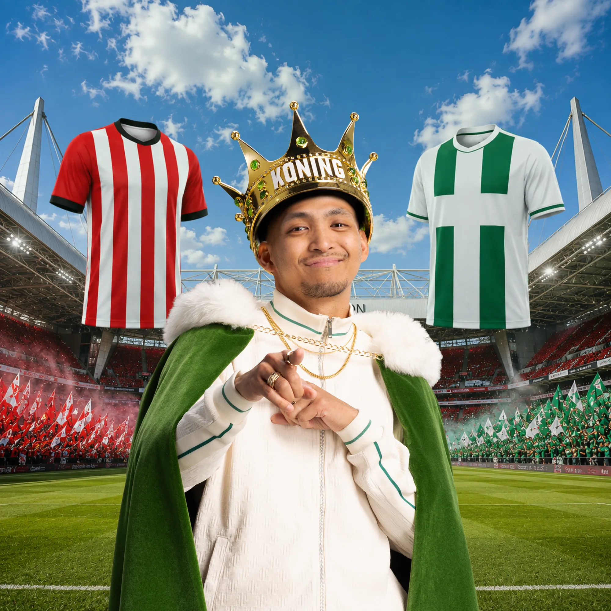 Man met kroon en cape als koning op voetbalveld met rood-wit en groen-wit voetbalshirts