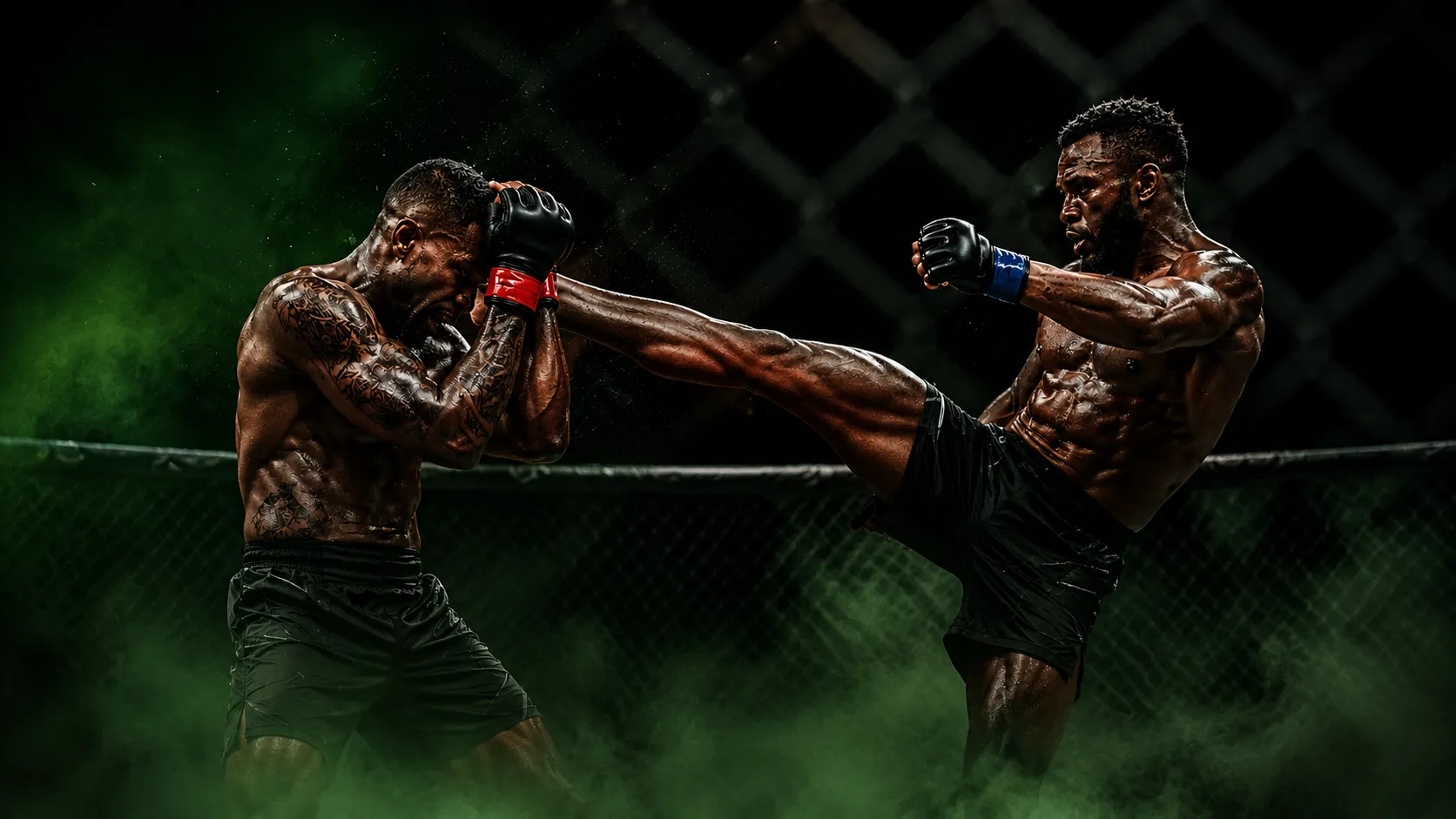 Twee MMA vechters in een kooi tijdens een gevecht, een met een trap en de ander in een verdedigende houding