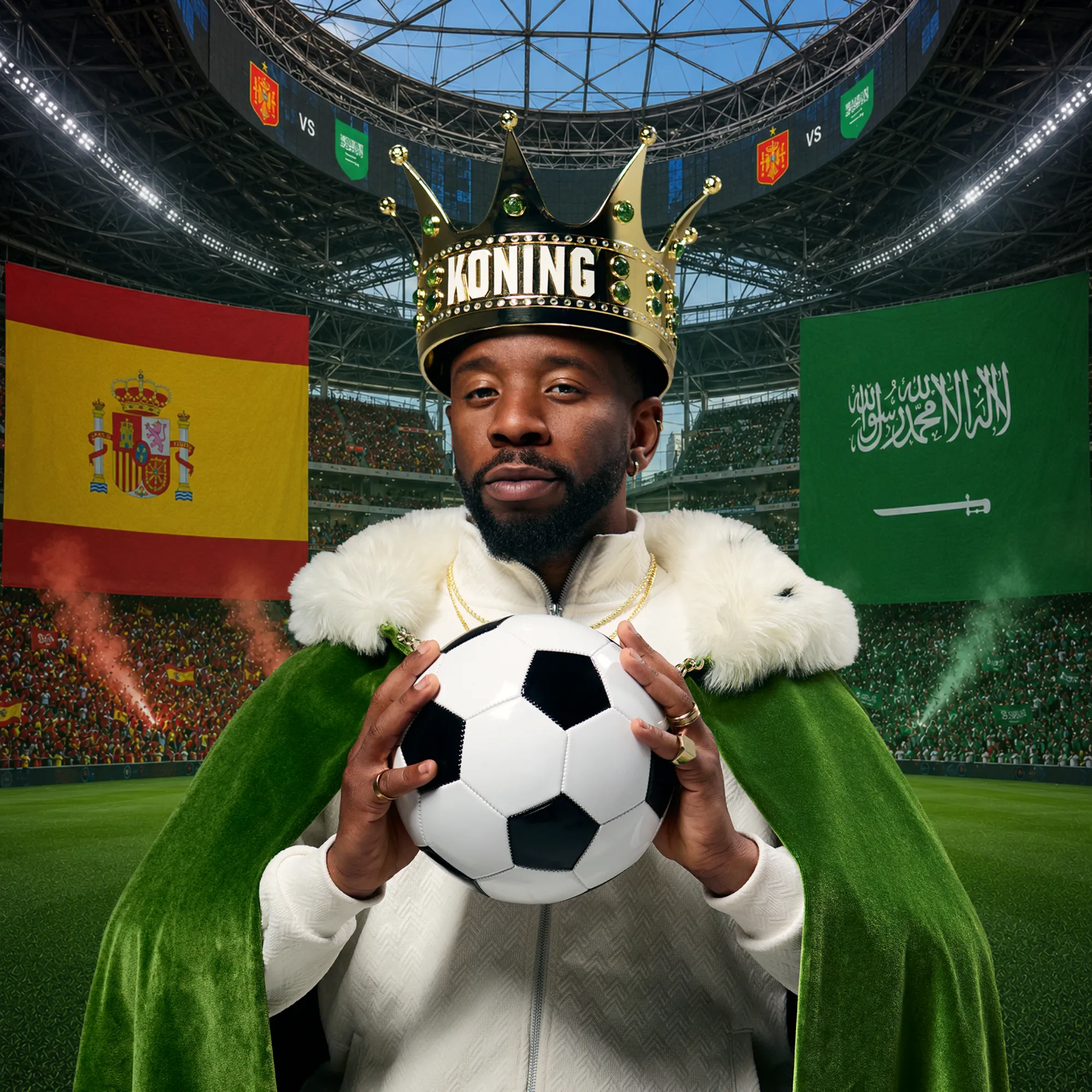 Persoon met koningskroon en groene mantel die een voetbal vasthoudt in een stadion met vlaggen van Spanje en Saoedi-Arabië
