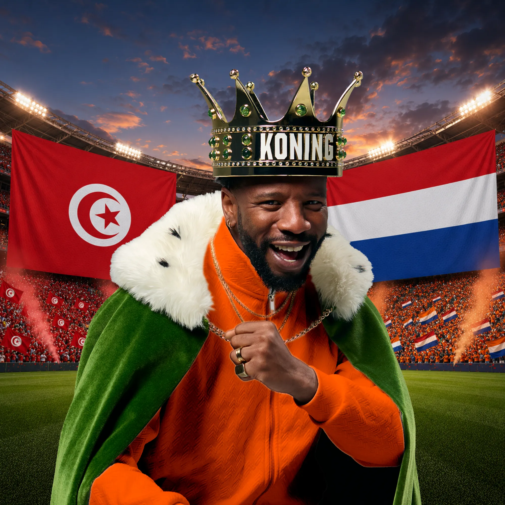 Sportstadion met Nederlandse en Tunesische vlaggen en persoon met koningskroon