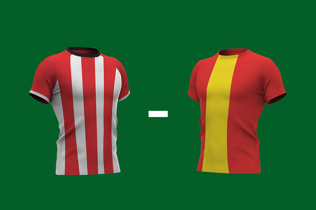 Links het rood-witte shirt van PSV, rechts het rood-gele shirt van Go Ahead Eagles