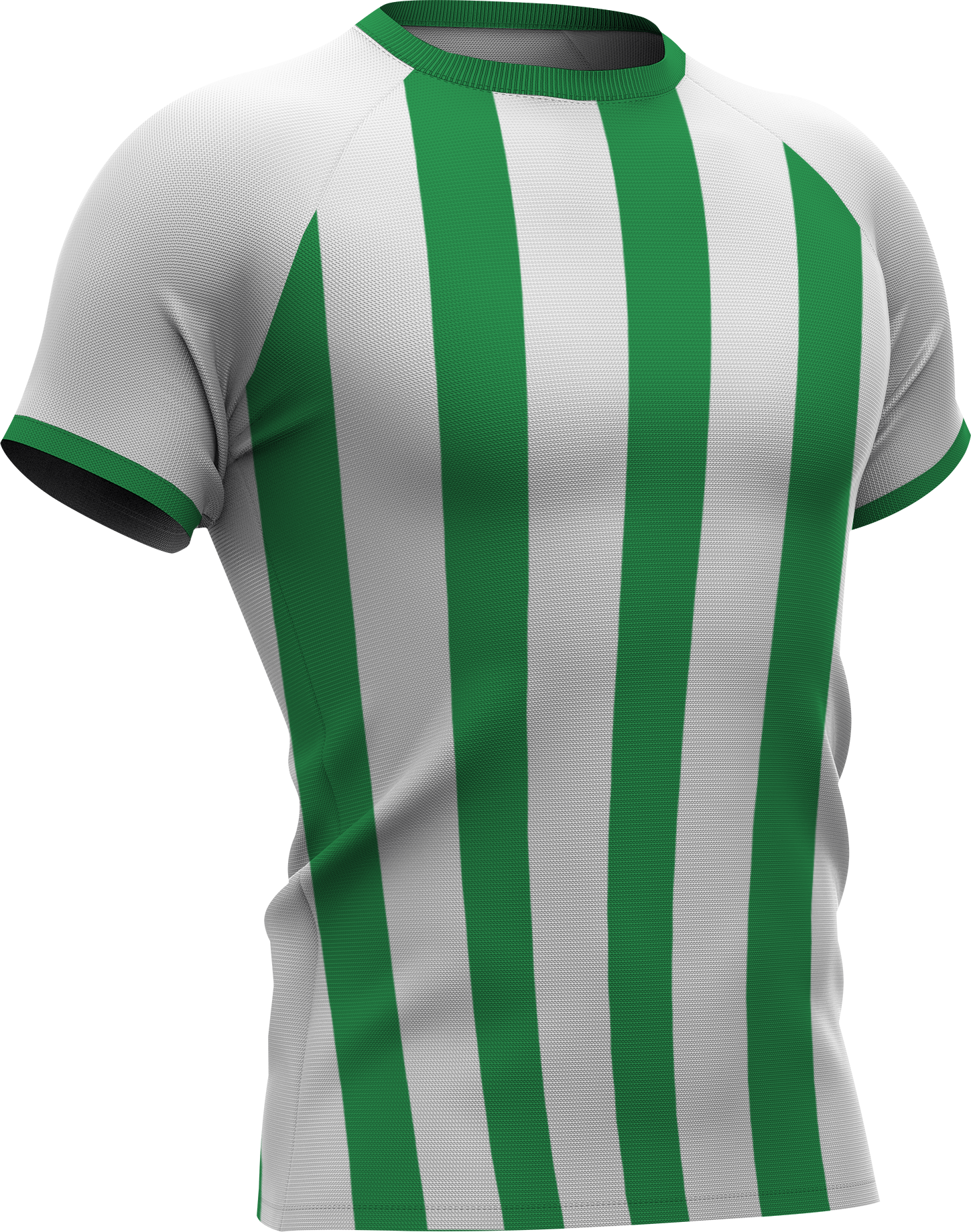 Sportshirt met groene en witte verticale strepen.
