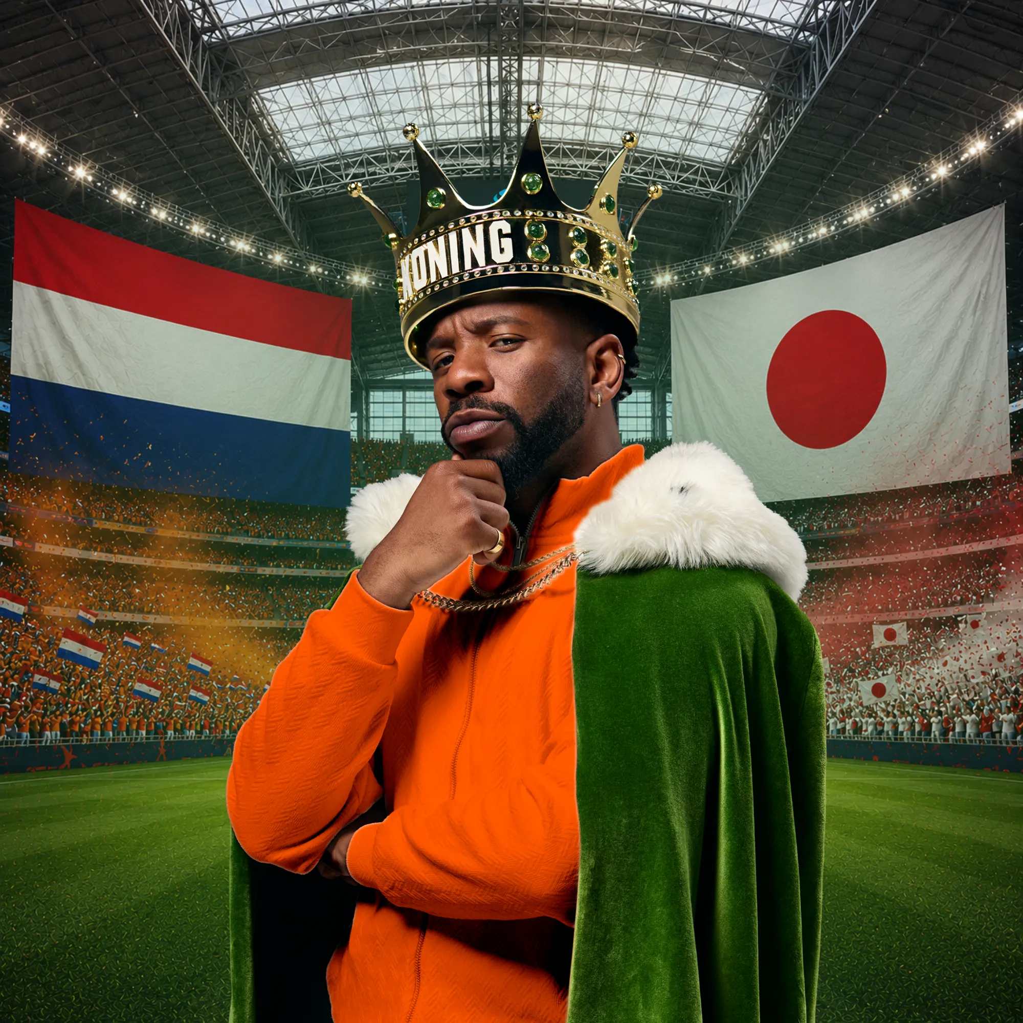 Persoon met kroontje en groen oranje kleding in voetbalstadion met Nederlandse en Japanse vlaggen