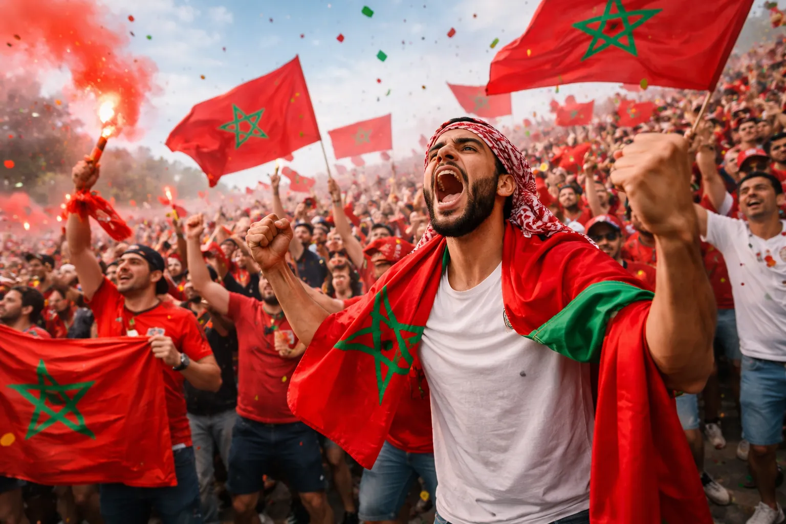 Feestende supporters met Marokkaanse vlaggen en fakkels