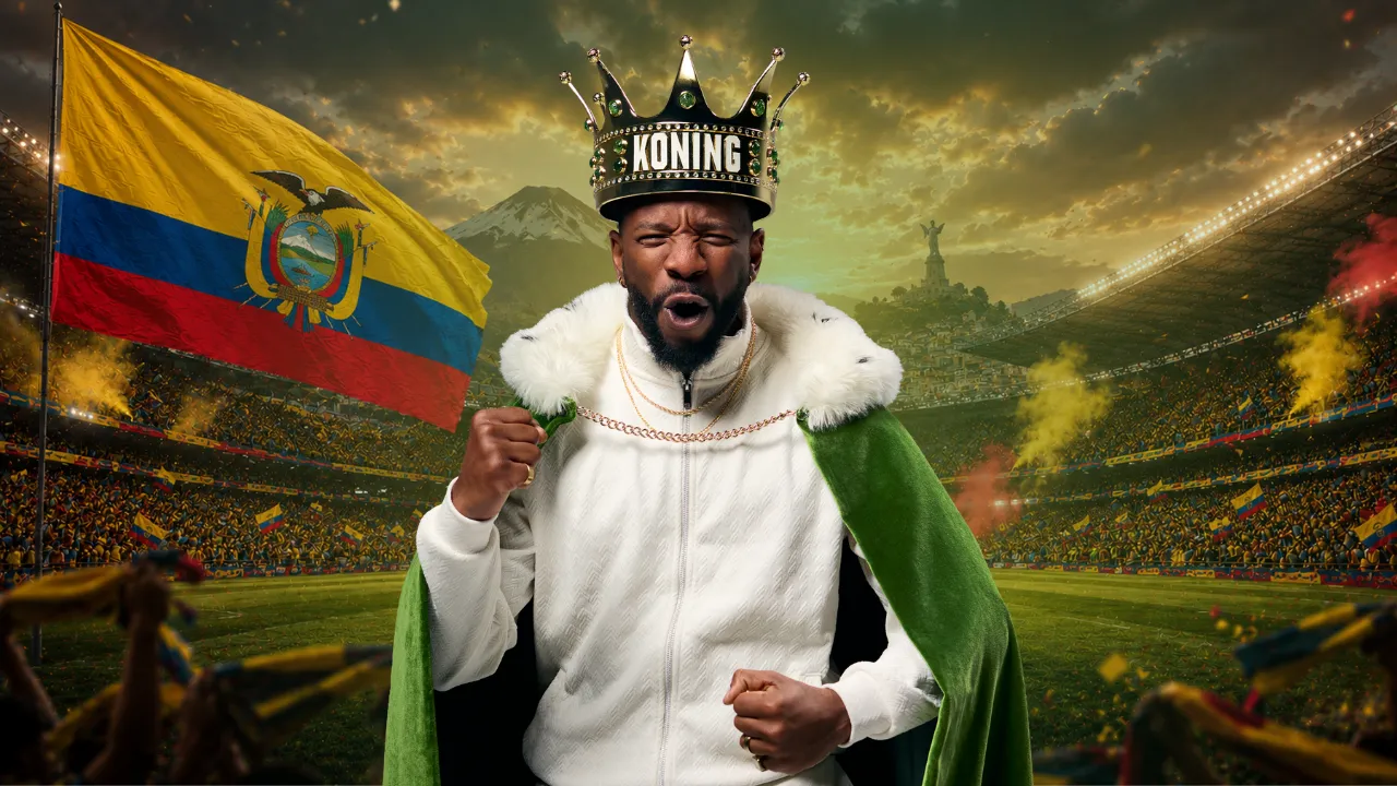 Man met kroon en koningsmantel op stadion met Ecuador vlag