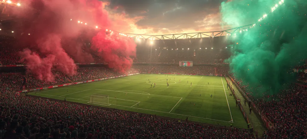 Vol stadion tijdens de Schotse bekerfinale met rood en groen rook in de lucht en een sfeervolle zonsondergang op de achtergrond