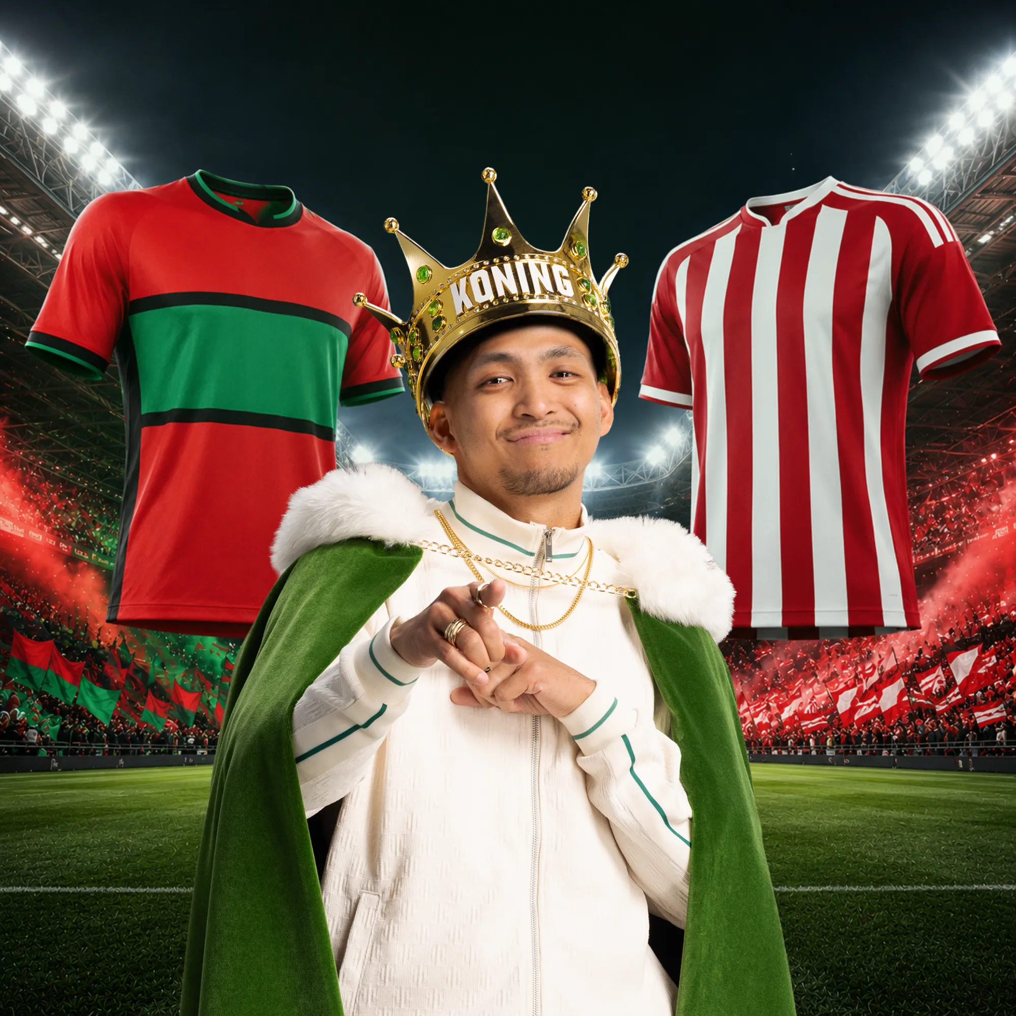 Man met kroon en mantel in stadion met rood-groen en rood-wit voetbalshirt