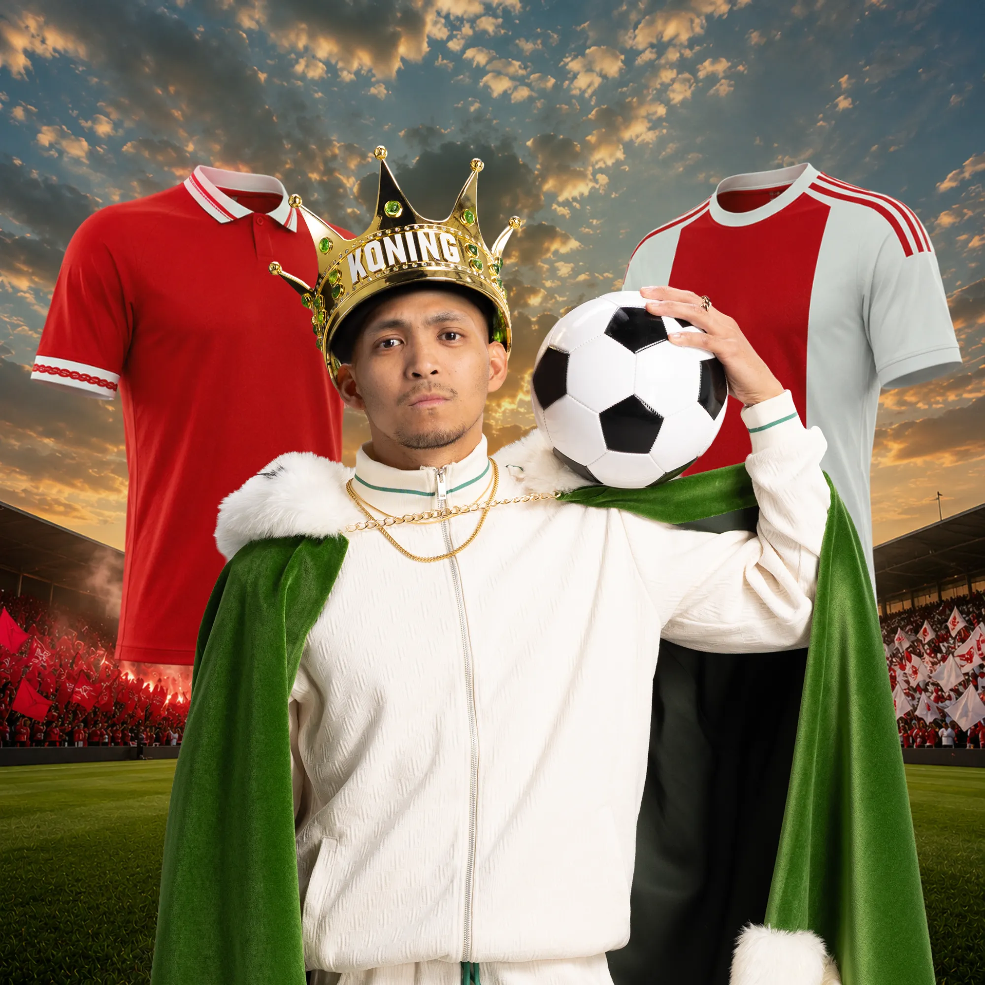 Man met kroon en voetbal in stadion met rode en witte voetbalshirts