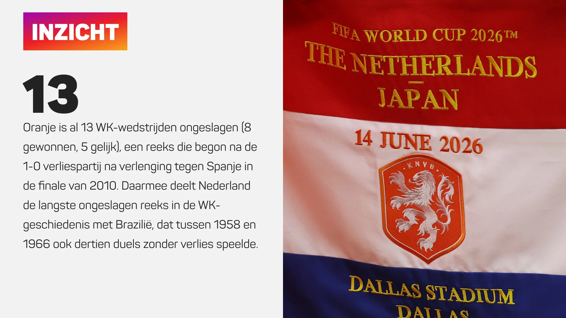 Inzicht over Oranje's 13 ongeslagen WK-wedstrijden en tekst op Nederlands vlagshirt voor WK 2026 tegen Japan