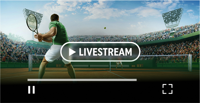 Livestream button met in de achtergrond een tennisser in een vol stadion.