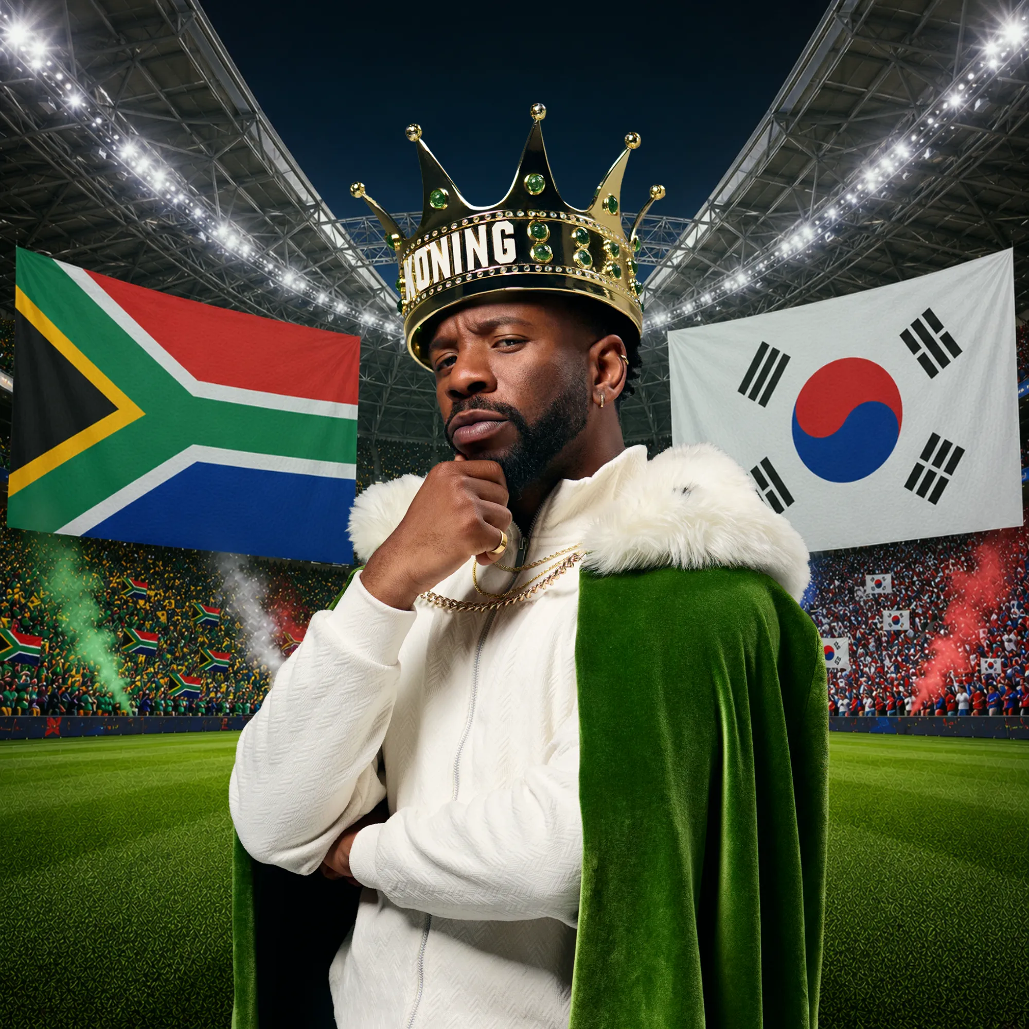 Persoon met koningskroon en groene mantel in stadion met Zuid-Afrikaanse en Zuid-Koreaanse vlaggen