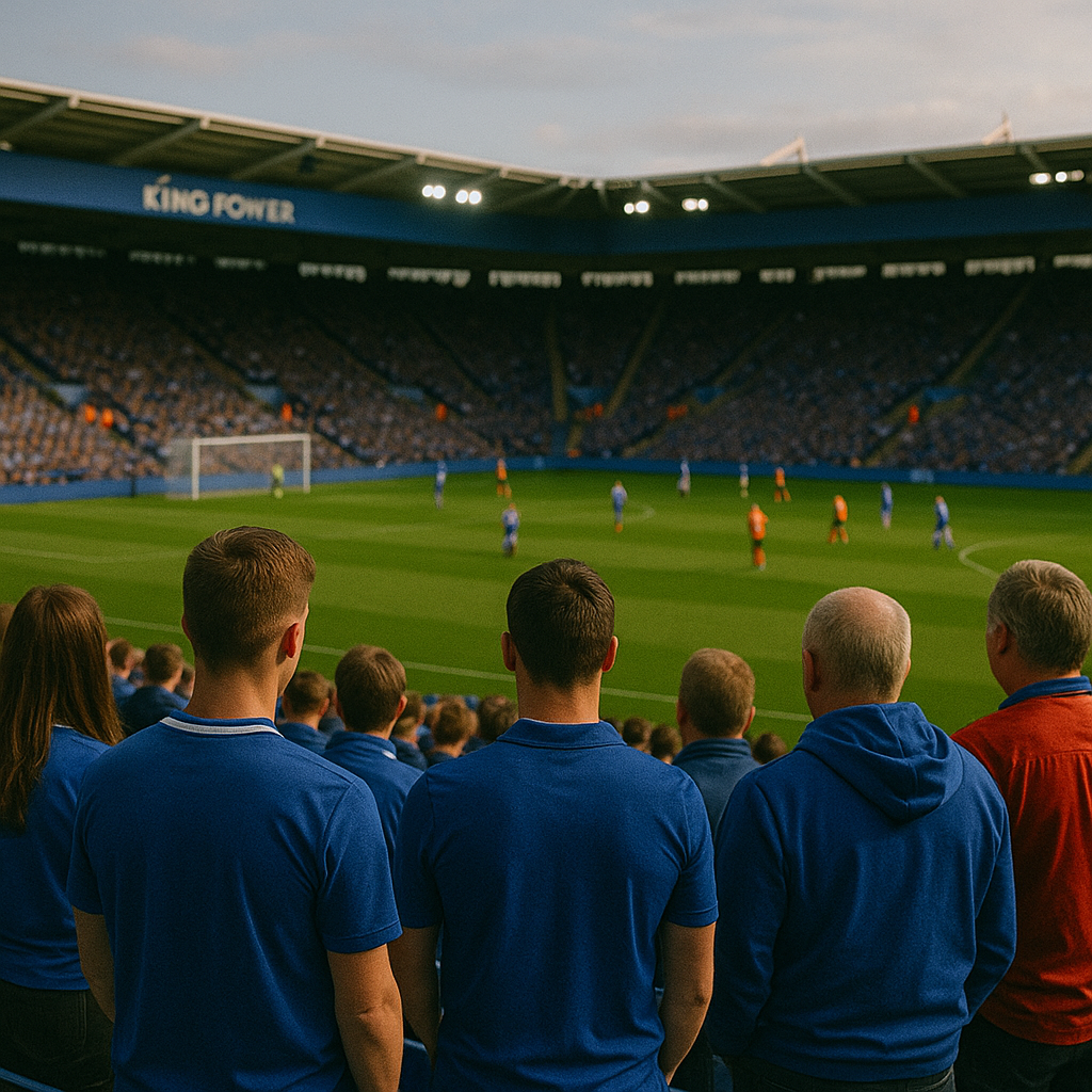 Supporters in blauwe shirts kijken naar een voetbalwedstrijd in een stadion.