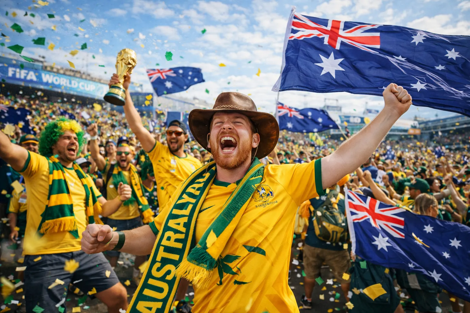 Australische voetbalvans met vlaggen en sjaals vieren feest in stadion met FIFA World Cup bord