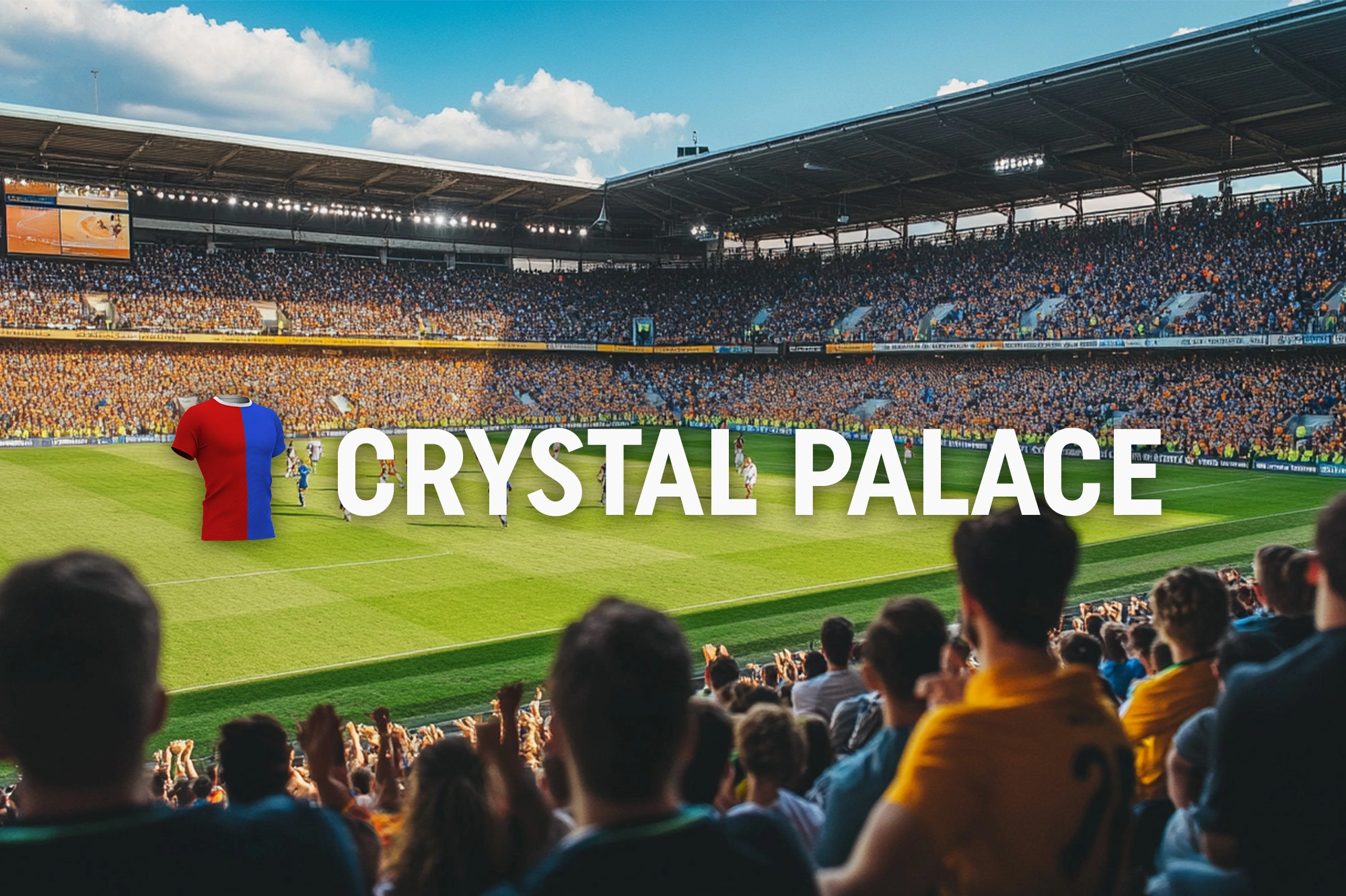 Uitzicht op een vol voetbalstadion met een Crystal Palace-shirt en de clubnaam in beeld.