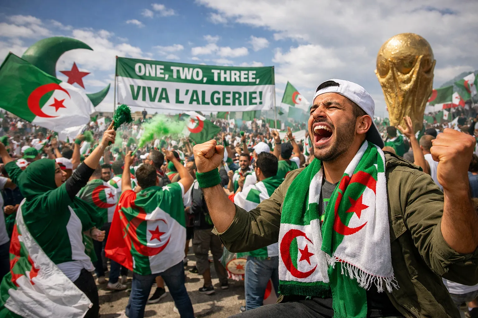 Jubelende Algerijnse voetbalfans met vlaggen en een replica van de wereldbeker