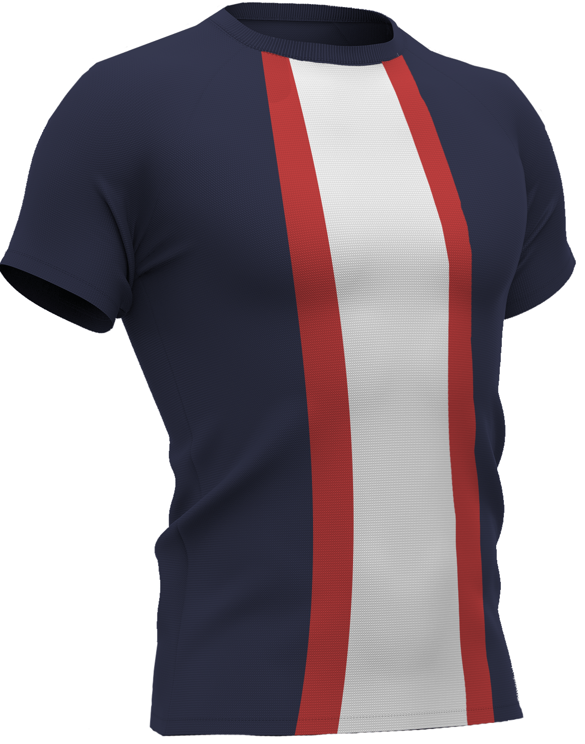 Donkerblauw voetbalshirt met brede witte baan omringd door rode strepen, geïnspireerd op Paris Saint-Germain
