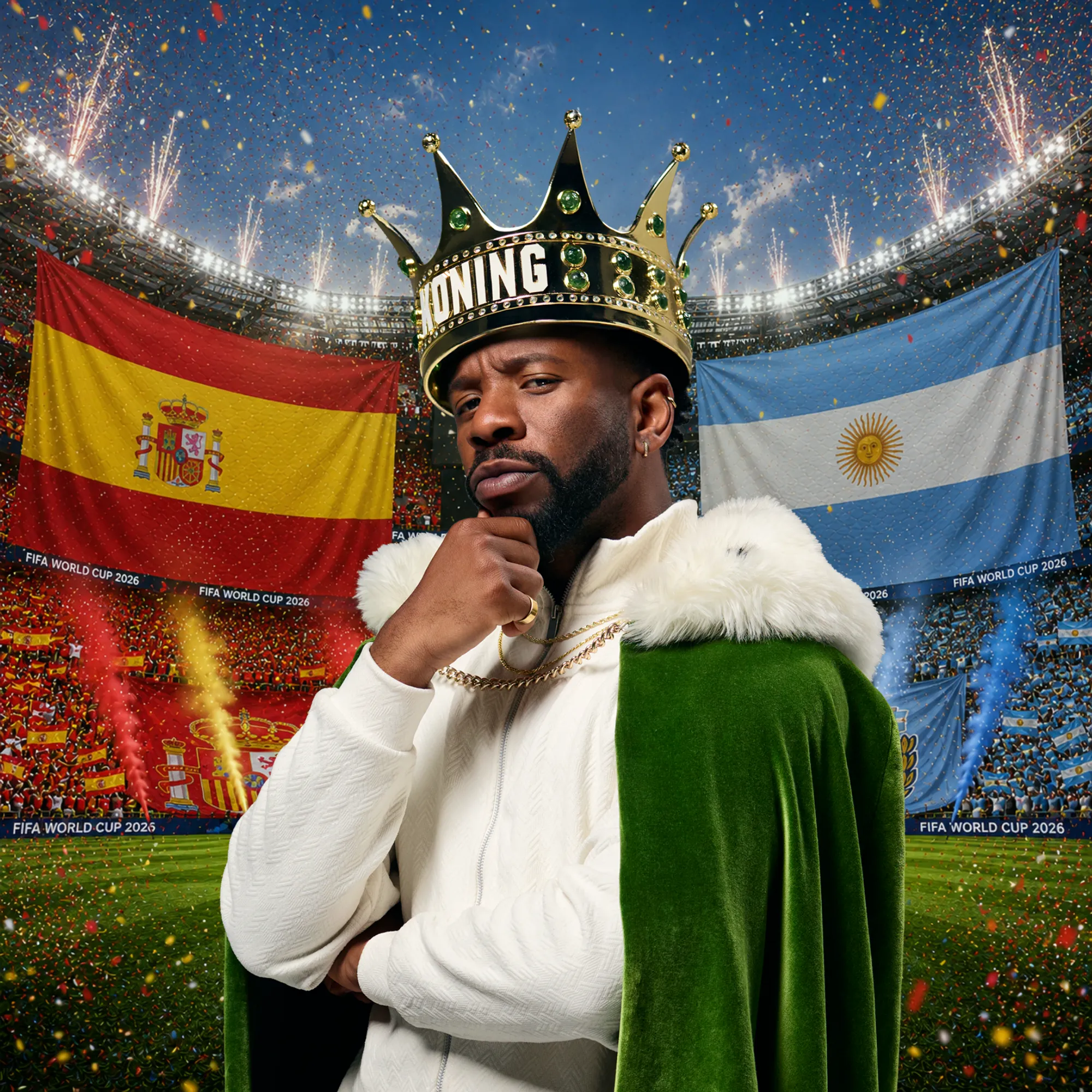 Man met kroon en groene mantel in stadion met Spaanse en Argentijnse vlaggen
