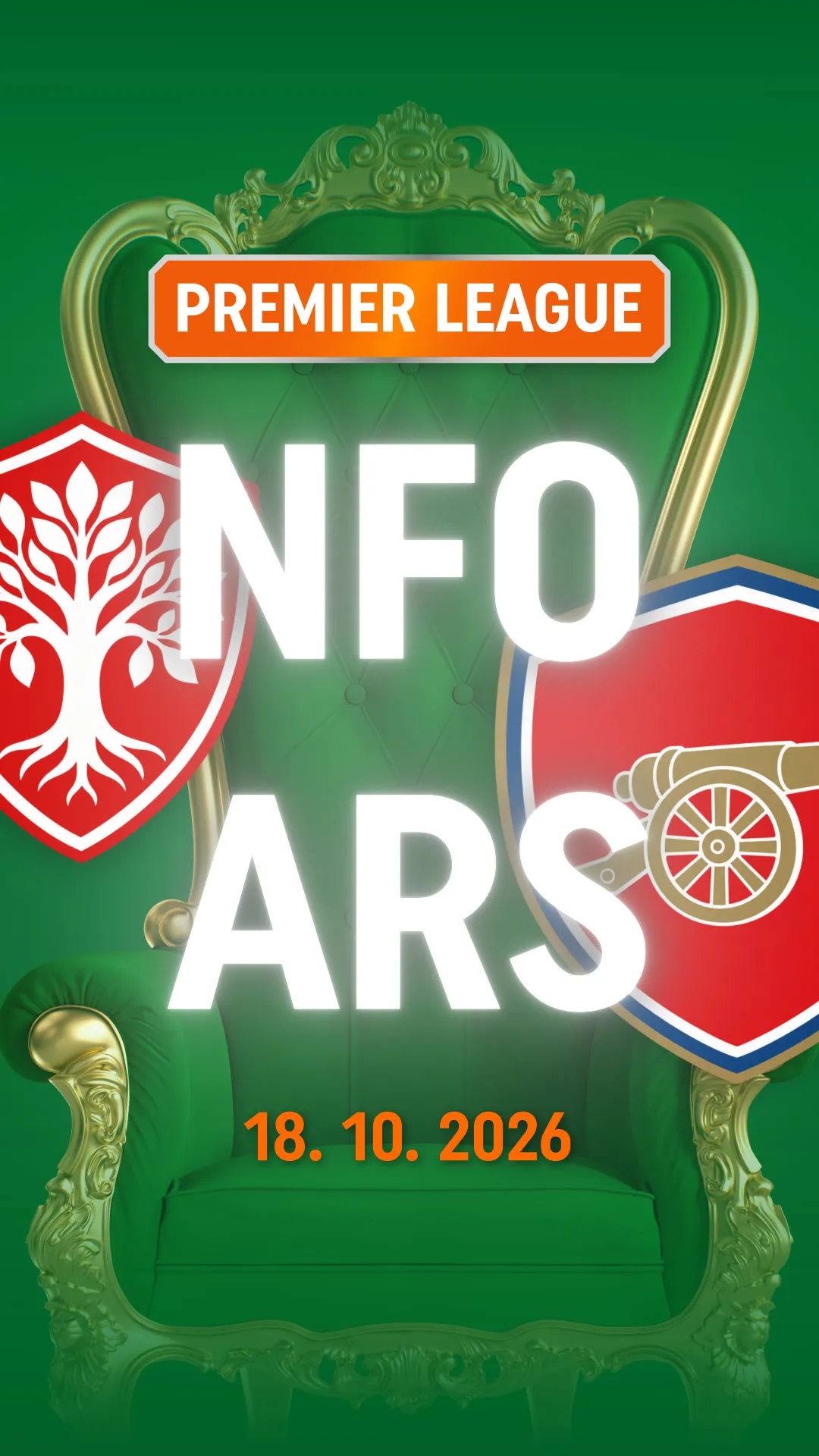 Premier League wedstrijddatum 18 oktober 2026 met iconen van voetbalclubs op groene koningsstoel