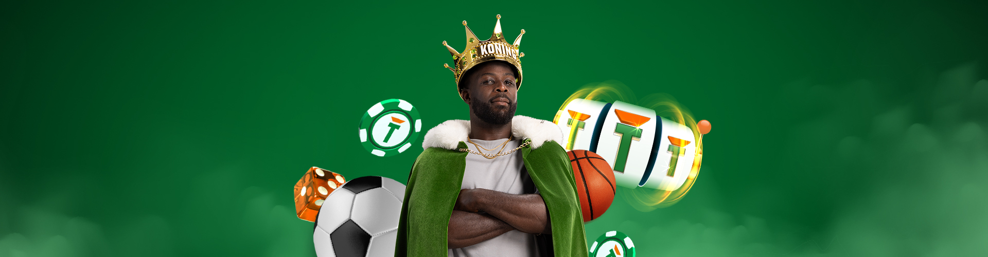 Koning TOTO met sport- en casinoattributen en TOTO-logo in een groene achtergrond.