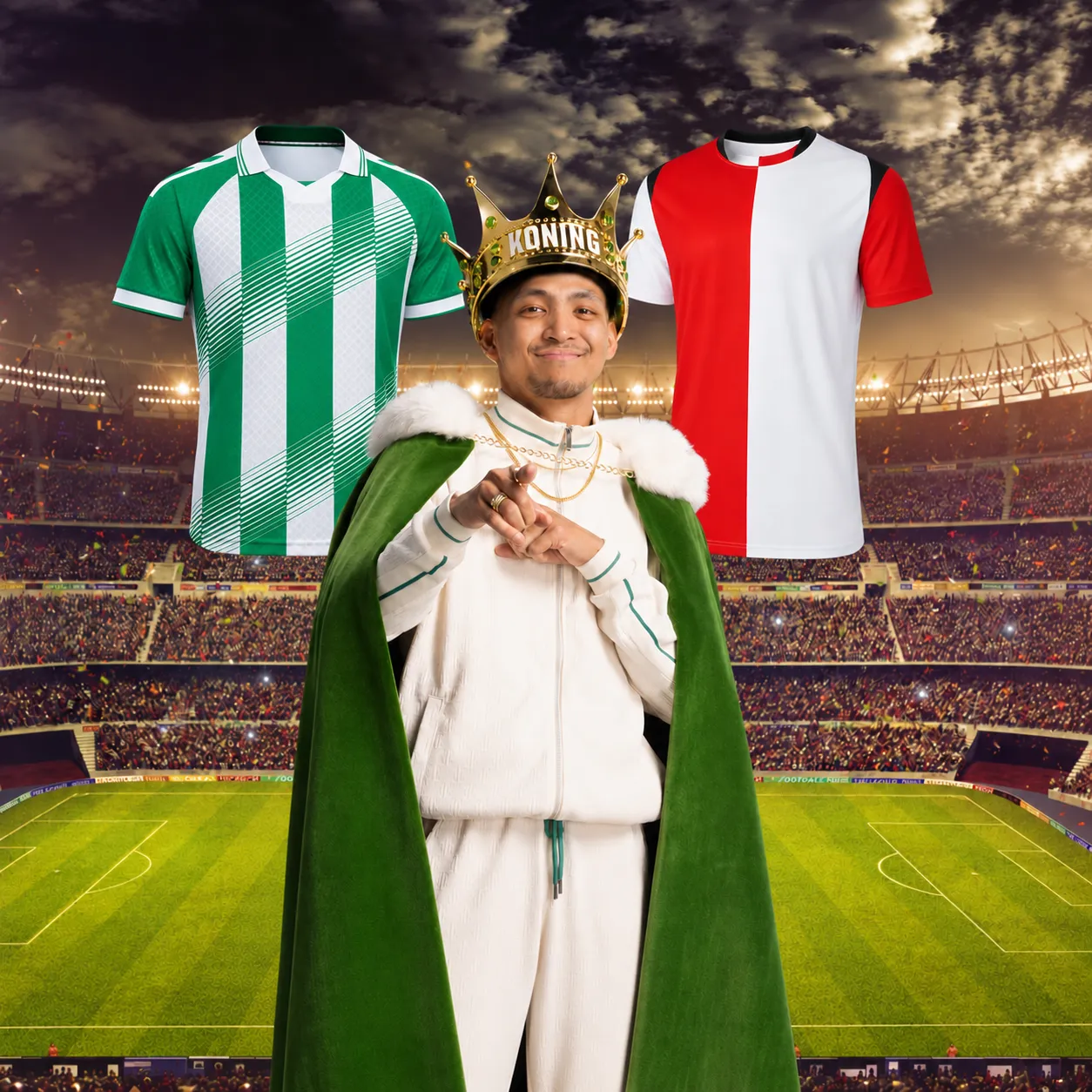 Man met Koning kroon en groene cape voor voetbalshirts in stadion