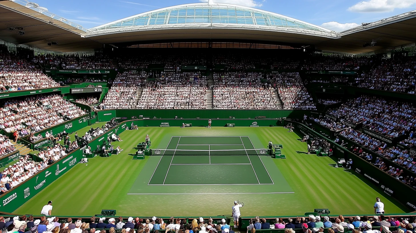 Groene grasbaan van Wimbledon met een volle tribune.