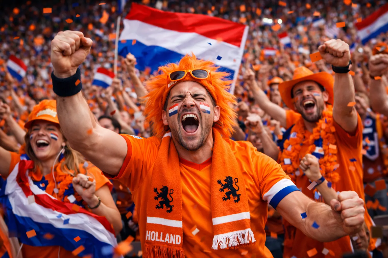 Juichende Oranje fans in oranje shirts met Nederlandse vlag