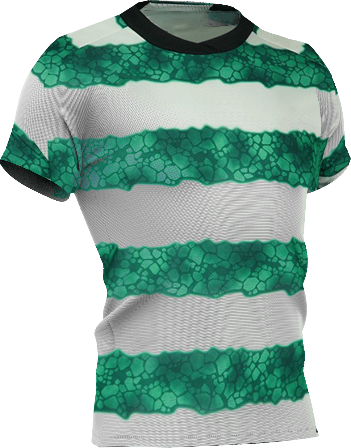 Wit voetbalshirt met groene horizontale banden in een textuurachtig patroon, geïnspireerd op Celtic FC