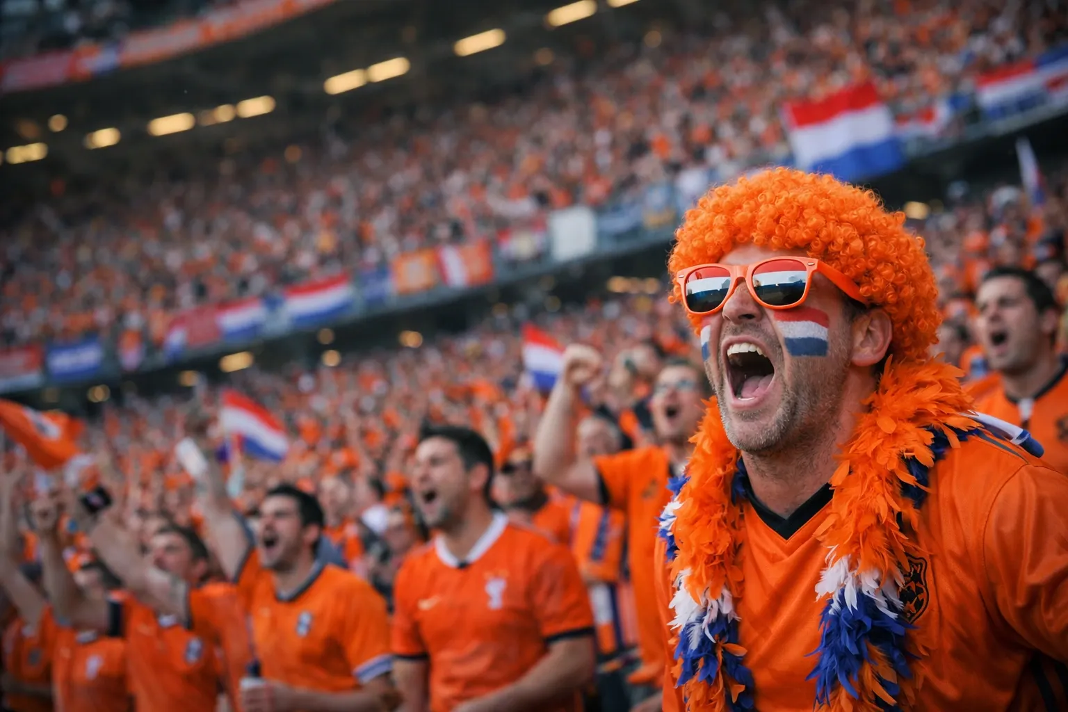 Supporters in oranje shirts met Nederlandse vlaggen in een stadion