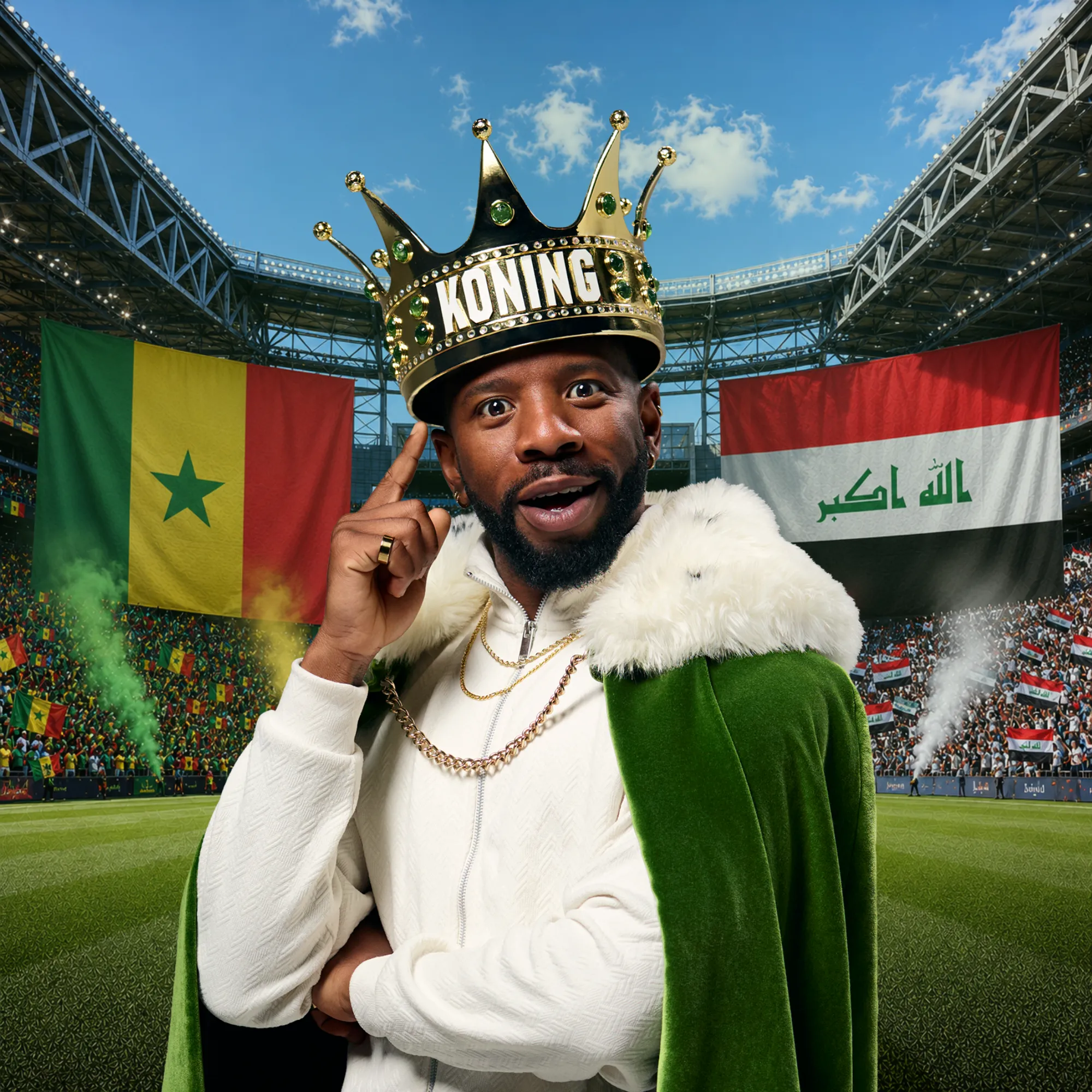 Persoon met koningskroon en groene mantel in stadion met Senegalese en Iraakse vlag